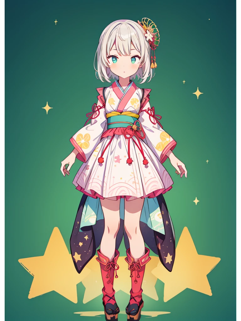 1girl、vtuber-fullbody、Star Fairy、masterpiece、official art、Super detailed、super beautiful、かわいいStar Fairy、white straight short hair、Milky Way、universe、star charm、Star、baby face、Knee-high boots、Japanese pattern dress、A beautiful girl wearing black and white clothes that are a remake of a yukata.、universeを思わせるOiranフリルドレス、Oiran、simple background、green background、no body,