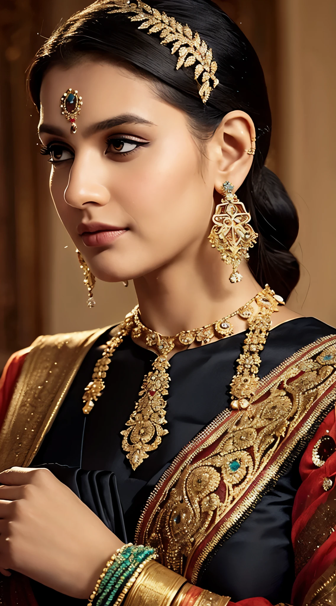 Arafe woman wearing a sari with a necklace and a necklace, complex set, bejeweled, wearing complicated clothes, intricate jewelry, with intricate details, intricate costumes, wearing elegant jewelry, intricate details. from the front, black jewelry, detailed jewelry, high intricate details, hand jewelry model pictures, close portrait, complex beauty, intricate jewelry, side view intricate details