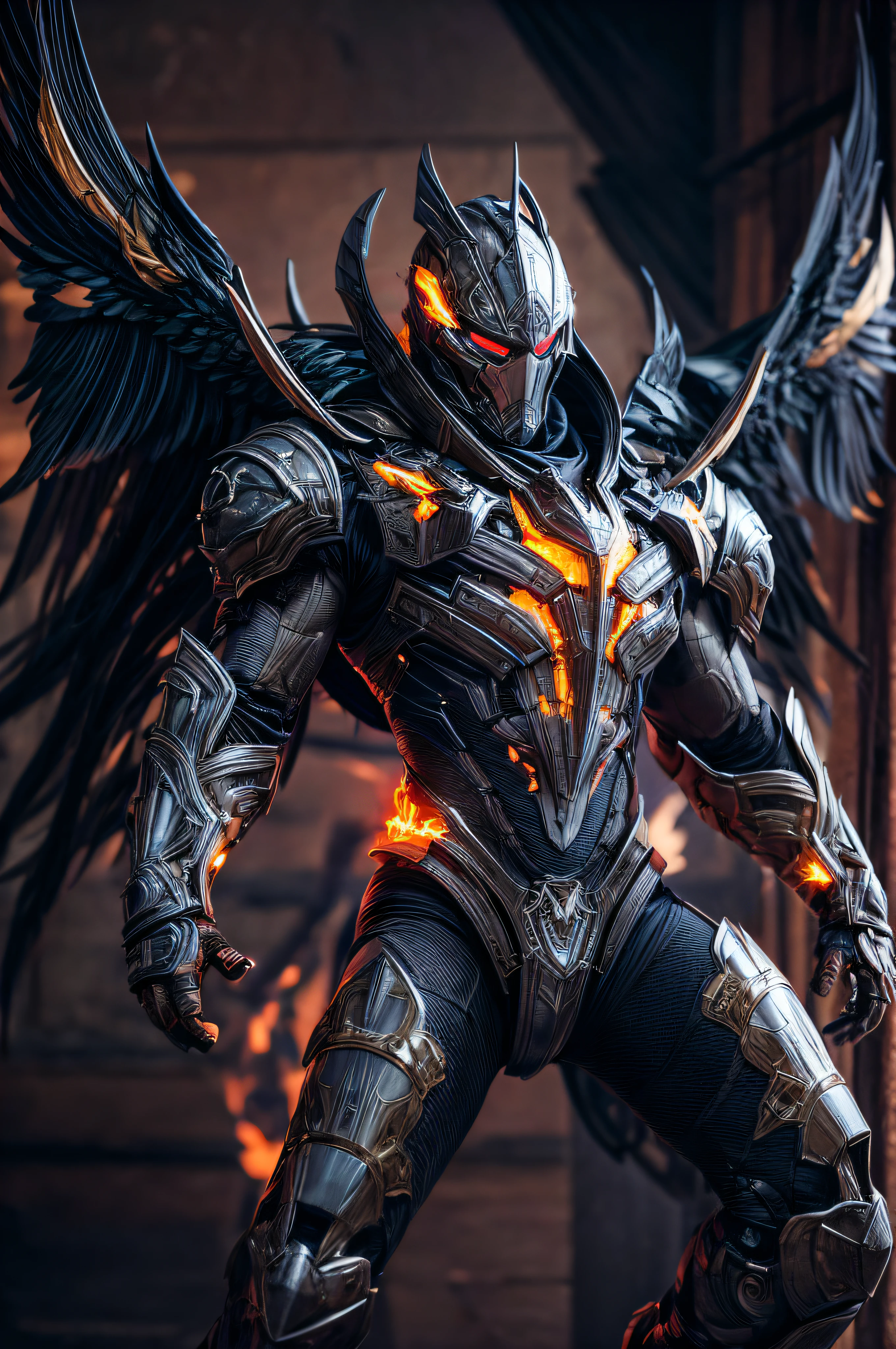 Uma imagem complexa de um traje futurista com armadura e IA, which resembles a demon-skull-helmeted assassin with eyes glowing from the embers of cyclopses, asas de metal intrincadas, with flamethrower, superhero landing pose, micro-detalhes, fotorrealismo, uma luz, foto escura, sombras profundas, profundidade superficial de campo, Fotorrealista, Surrealismo, alta qualidade, obra de arte, 8k, 8k, super detalhe, Retrato de corpo inteiro,  extremamente musculoso, arranhado, amassado, cicatrizes de batalha, voando com seus boosters