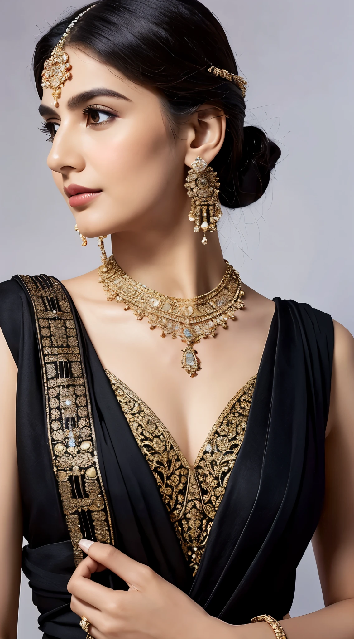 Arafe woman wearing a sari with a necklace and a necklace, complex set, bejeweled, wearing complicated clothes, intricate jewelry, with intricate details, intricate costumes, wearing elegant jewelry, intricate details. from the front, black jewelry, detailed jewelry, high intricate details, hand jewelry model pictures, close portrait, complex beauty, intricate jewelry, side view intricate details