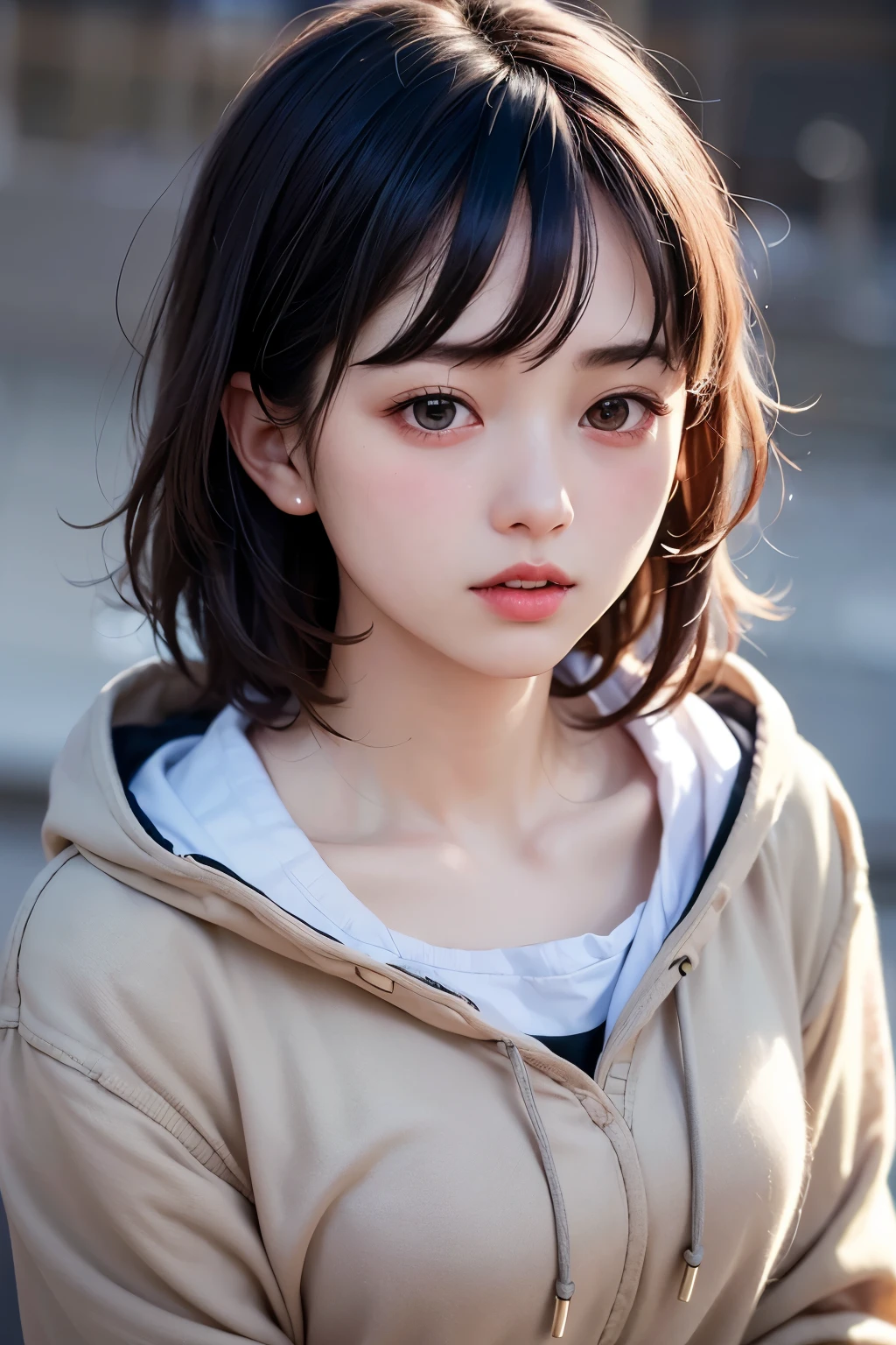 (1 nogizaka girl,raw photo,photo realistic:1.5),(best quality, high quality,HDR, highest quality,ultra high resolution,high resolution,high res,ultra high difinition,huge file size,8K,2K wallpaper,8K wallpaper,high quality texture,amazing,an extremely delicate:1.4),one girl, Japanese famous idol,beautiful face,small face,absurd,ridiculous,incredibly ridiculous,portrait,breasts close up,blurry background,(hoodie,no makeup:1.2),medium skin,beautiful skin,detailed skin,small head,black hair,silky hair,(Japanese eyes:1.3),detailed eyes,black eyes,Japanese idol eyes,Japanese nose,5-fingers,(eyebrow:-0.5),(Light Particles, Lens Flare, Luminous Particles: 0.7),looking at viewer,bright lighting,professional lighting,girl