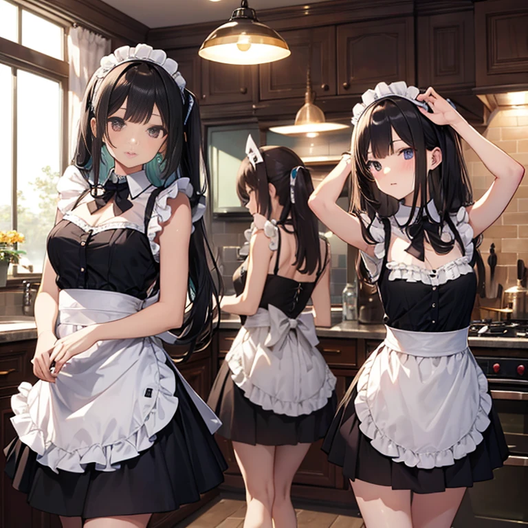 A group of maids, (in kitchen), various hair styles, harem, wearing maid clothes, night, details face, short skirt, seducing, sleeveless, armpits