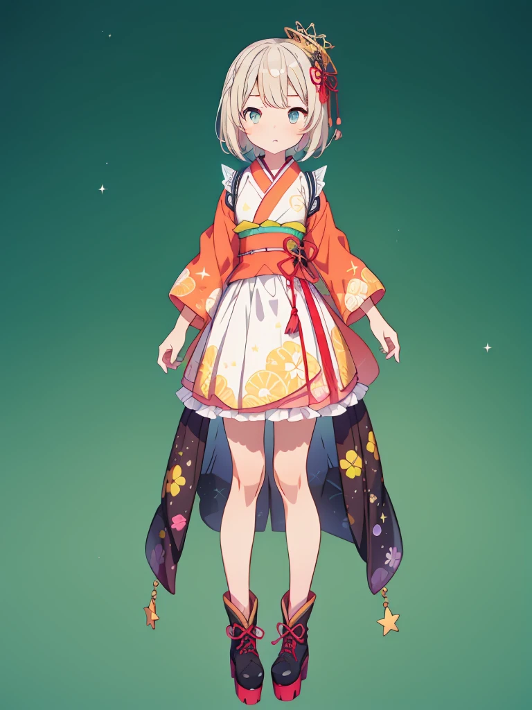 1girl、vtuber-fullbody、Star Fairy、masterpiece、official art、Super detailed、super beautiful、かわいいStar Fairy、white straight short hair、Milky Way、universe、star charm、Star、、Knee-high boots、Japanese pattern dress、A beautiful girl wearing black and white clothes that are a remake of a yukata.、universeを思わせるOiranフリルドレス、Oiran、simple background、green background、no body,