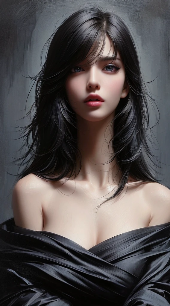 masterpiece, best quality, ultra-detailed, facing the camera head on, intricately detailed hyperdetailed, realistic, sharp features, highly detailed, sharp focus, perfect face, perfect face, perfect symmetrically perfect eyes, perfect full lips, flexible female form, cinematic, film light, hyper detailed, hyper realistic, masterpiece, atmospheric, high resolution, vibrant, dynamic studio lighting, nsfw, ((Dark background)), Sexy face, Facial expressions when receiving pleasure, open mouse, straight Bangs, Big breasts, Exposed cleavage, blue Eyes,black sweater,