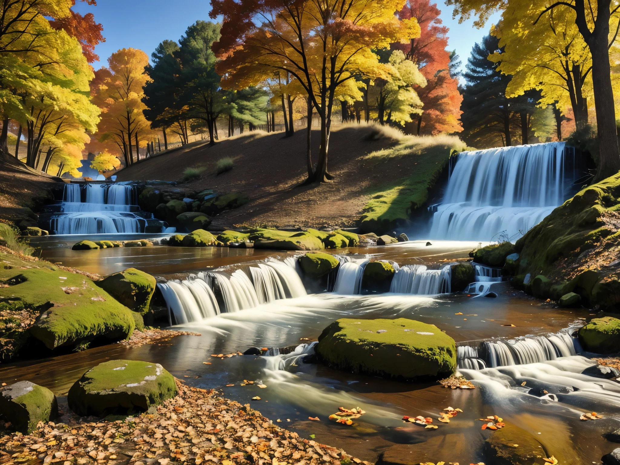 Aqueducts in a stream, Roman architecture, trees around the building, active water current, falling leaves, solar tone reflecting in the stream,HDR, ultra resolution, well defined, masterpiece, 8K HD.
