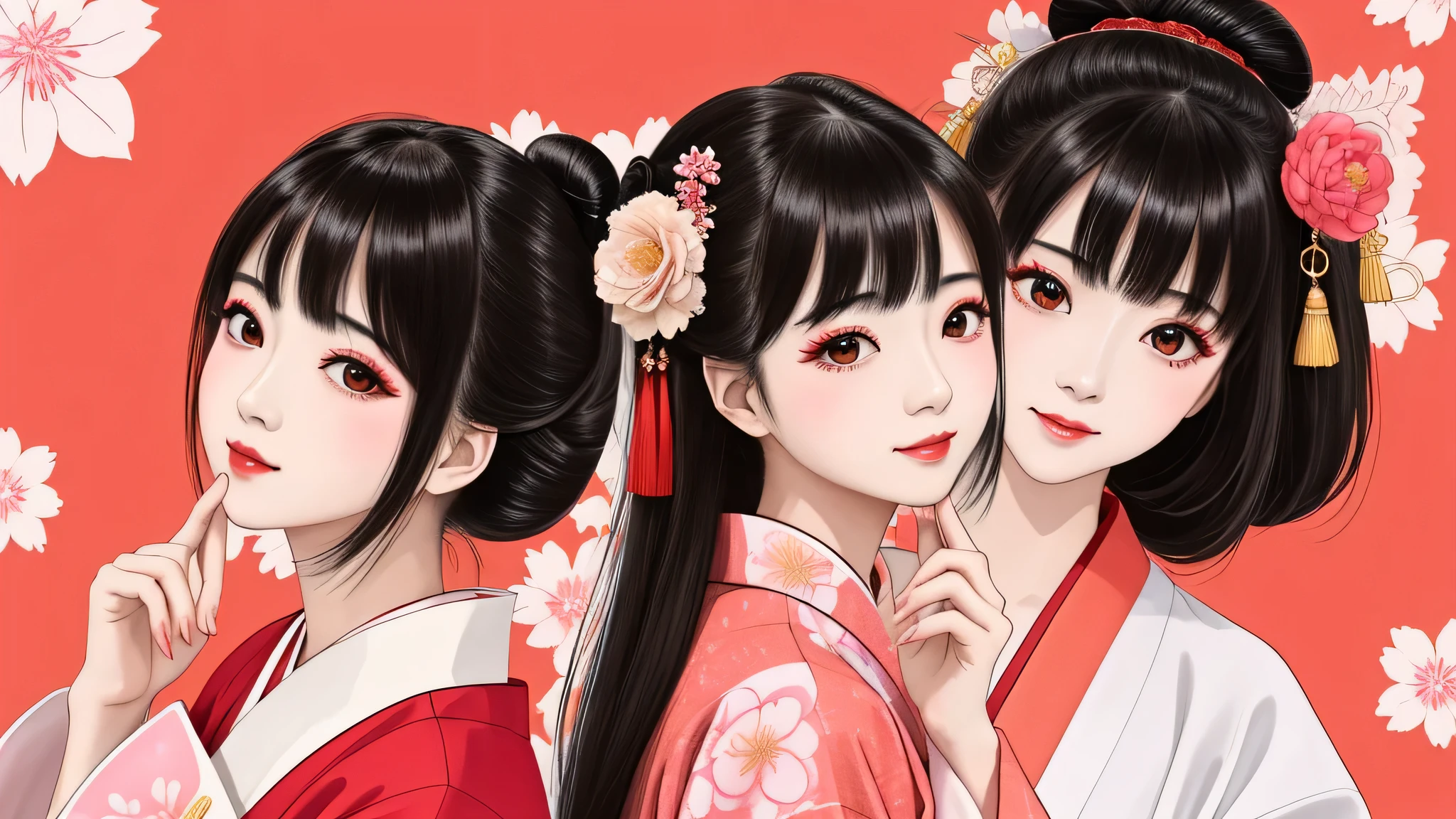 Each has a different expression２People and sisters、(２ girls）、｟Dancing traditional performing arts gracefully)、((big breasts、small face、not exposed))、highest quality、masterpiece、（black hair、Bun Hair）、brown eyes、｟wide angle、Angle from above, from the waist up、Pause on the magazine cover、Each person has a different perspective when looking into the distance｠、(８K high quality、masterpiece、High resolution、Realistic and beautiful light and shadow、(highest quality)、(high resolution)、(very delicate and beautiful)、(beautiful 8k face)、(Close your eyes while smiling、Beautiful eyes)、(Transparent skin)、(soft hair)、(８head and body)、(Japanese-style yukata kimono with red, pink, and orange floral patterns on a white background, mixed with gold powder、wearing a yukata２Japanese beautiful girl)、((tanabata decoration background))、((small face))、(arms up)、thin and small nose、（red lipstick）、（make cheeks red）、（Glossy skin）、((Ink painting style))、extremely thin eyebrows、Overall super high quality、（She wears maiko-style makeup）、Whitening、long and beautiful eyelashes、Glossy skin、（red cheeks）,straight nose、masterpiece、highest quality、whole body、 eyebrows visible through hair、Bun Hair、grin、gal、Kogal、Viewer&#39;s perspective、Plaid、Fashionable、woman、fine、Pause、
Waiting to start 
