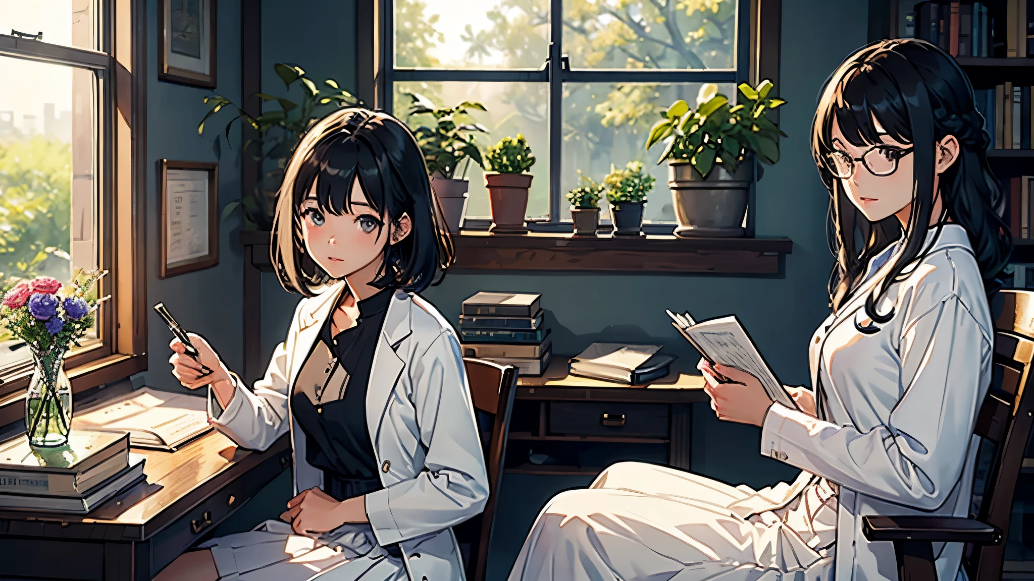 (highest quality、masterpiece、High resolution)、(Sargent-style watercolor)、(anime art)、soft light、((1 woman))、((looking at documents))、17 years old、18-year-old、medium short hair、semi-long、hair up、black hair、dark brown hair、braided hair、glasses、detailed depiction of the face、small breasts、uniform、long skirt、((wearing a white coat))、白いブラウスとlong skirt、Institute of Earth Sciences、鉱物標Book、昆虫標Book、化石標Book、標Book棚、Book、Book棚、microscope、Laboratory instrument、Test tube、beaker、flask、Alcohol lamp、Labware、Floral、vase、window、Foliage plant、 blur the background、