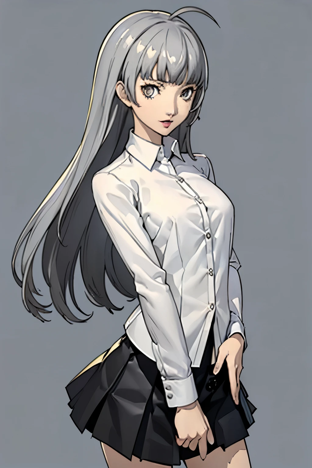 ((masterpiece, highest quality)), (1 girl), (alone), (female focus), (Ahoge, gray hair, very long hair), gold eyes, light smile, open your mouth, ((white shirt), (shirt with buttons), (gap between buttons)), ((black skirt), (short skirt)), Are standing, white background, turn your arms behind your back, dynamic angle,