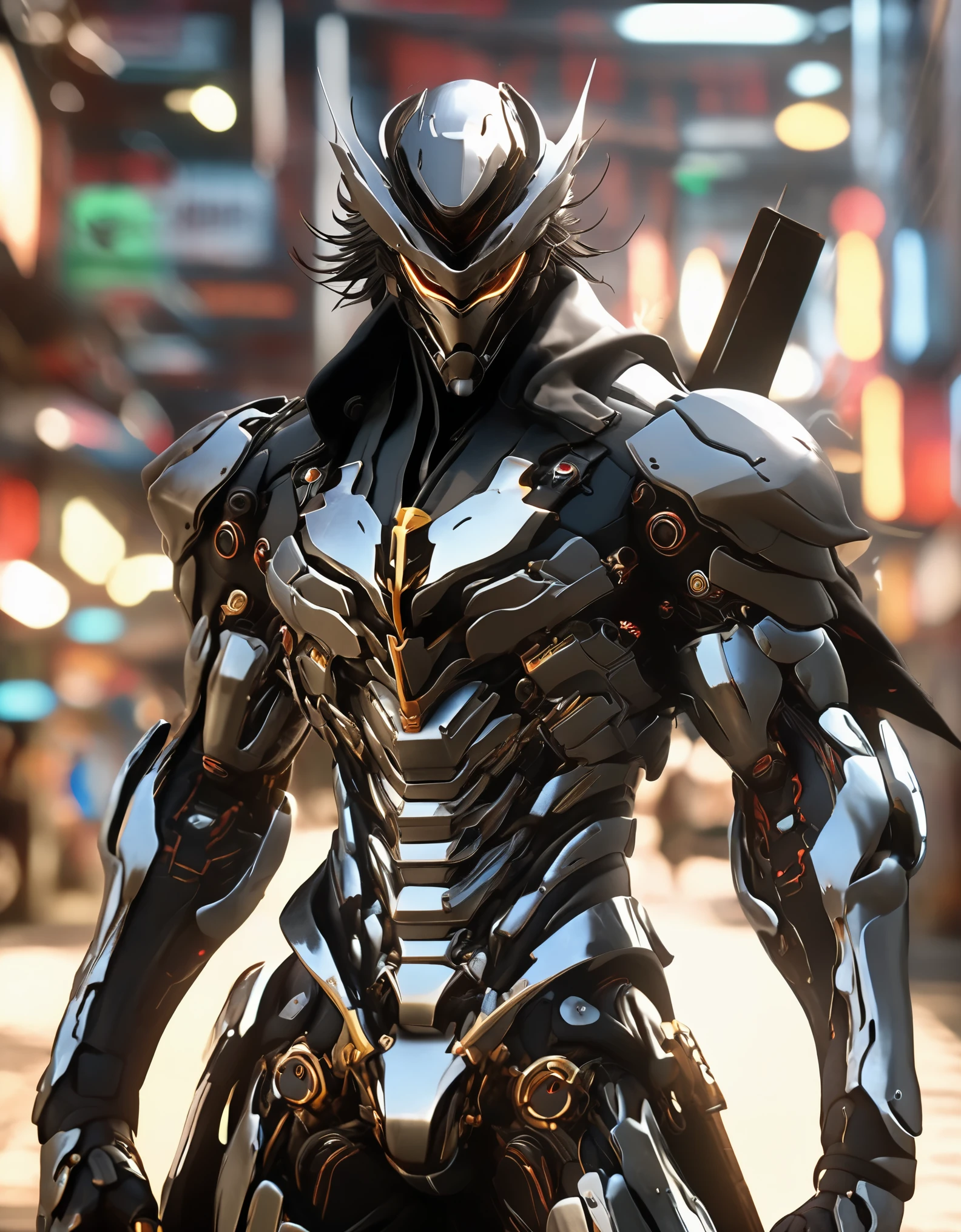 arafed man in a black suit with a sword and a helmet, covered in full metal armor, raiden metal gear, stylish cyborg armor, covered in full silver armor, movie still of a villain cyborg, cyborg samurai, cyborg ninja, raiden from metal gear rising, cyber japan style armor, black scales and cyborg tech, akihiko yoshida. unreal engine