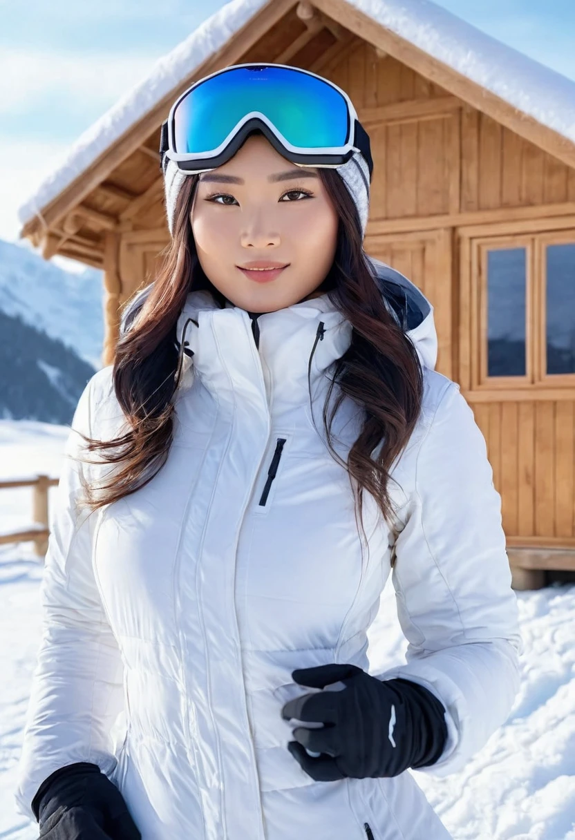 (high quality:1.5), (((8k))), extremely detailed, (High detail:1.2), Solo, (HotLexi Woman)), 24 year old Asian female, ((perfect anatomy)), (In a snowy field and a wooden hut behind), (Skiing cold clothing and snow goggles),