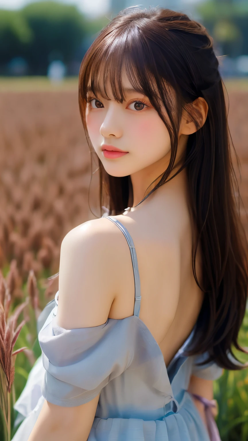 masterpiece, highest quality, ultra high resolution, be familiar with illustration, portrait, be familiar with, A girl standing in a wheat field, alone, long hair, dress, flower, white hanfu, smile, full body, white flower, bare shoulders, very long hair, aqua hair, closed mouth, Face-to-face audience, bangs,