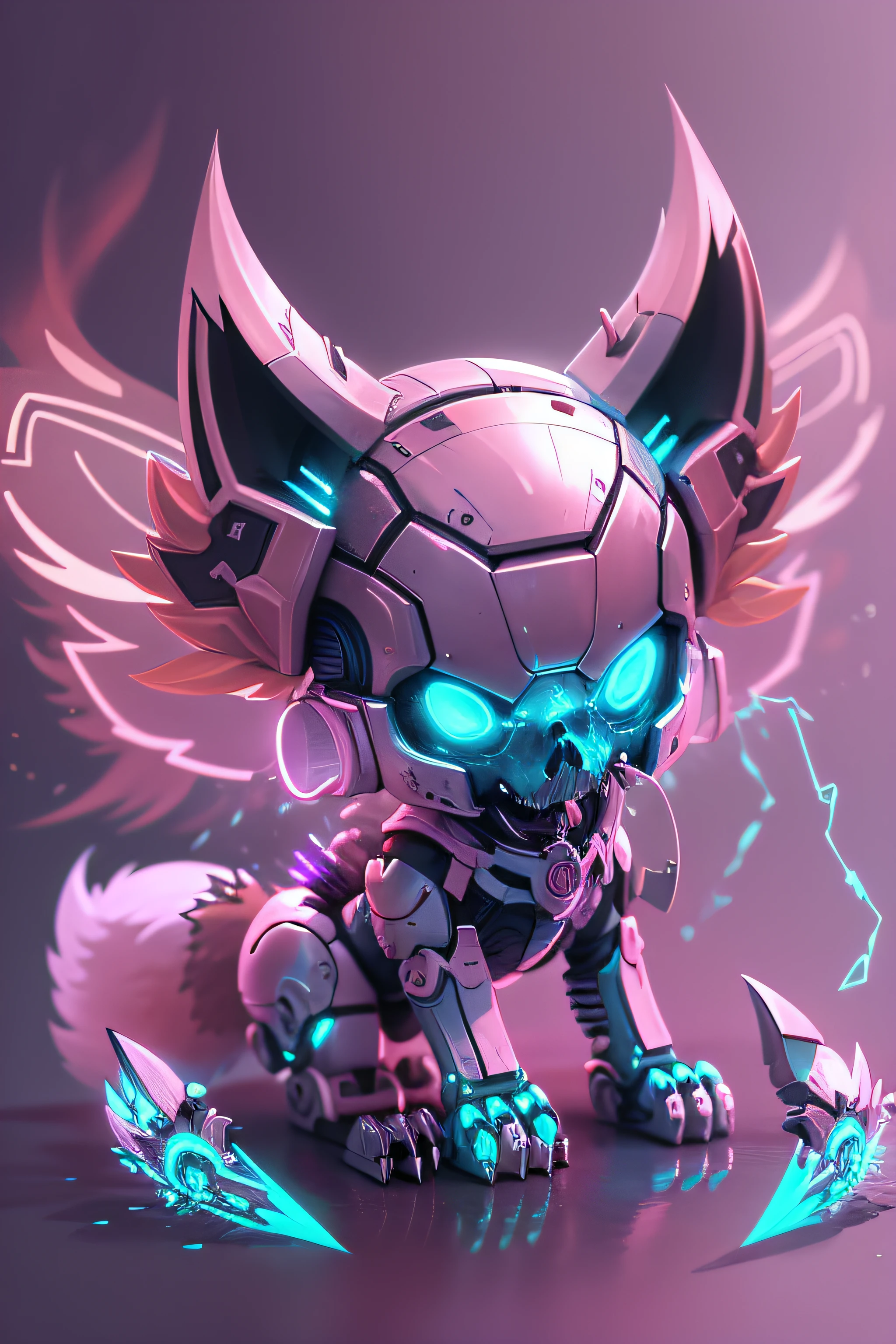 a cartoon bright pink chibi like fox with a metallic cyborg android fox skull like face with metal claws blue glowing wings floating on its back
