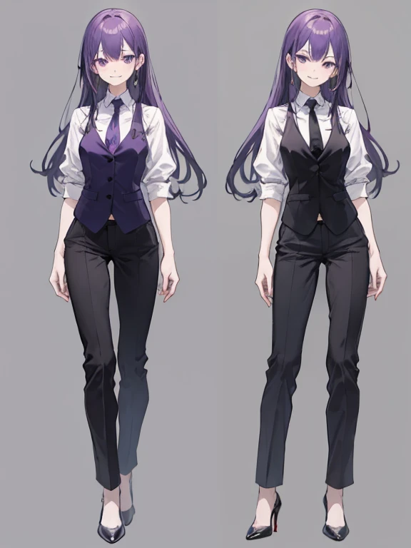 purple,medium long hair,woman,suit,black vest,shirt with rolled up sleeves,tie,pants,high heels,,simple background,smile,whole body,full body,full body,Standing picture,vtuber,upright,,Standing upright with face and body facing forward,