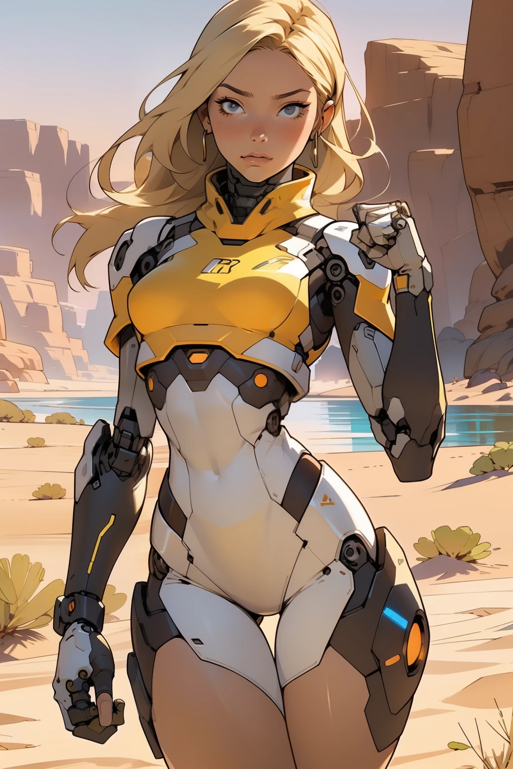 high quality, 4k, masterpiece, beautiful, cyborg girl, cowboy shot, dull eyes, front, looking at viewer, long blonde hair, girl, small breasts, fit thighs, robotic arms, robotic body, cyborg body, white & yellow uniform, orange accent, intricate detail, joint, detailed lines, robotic detail, holding fist up, holding hand up as fist, color robotic parts, robotic parts with color, perfect fingers, on a desert planet, sunny background, colorful desert, a river or a lake in the background, slender thighs, skinny thighs,