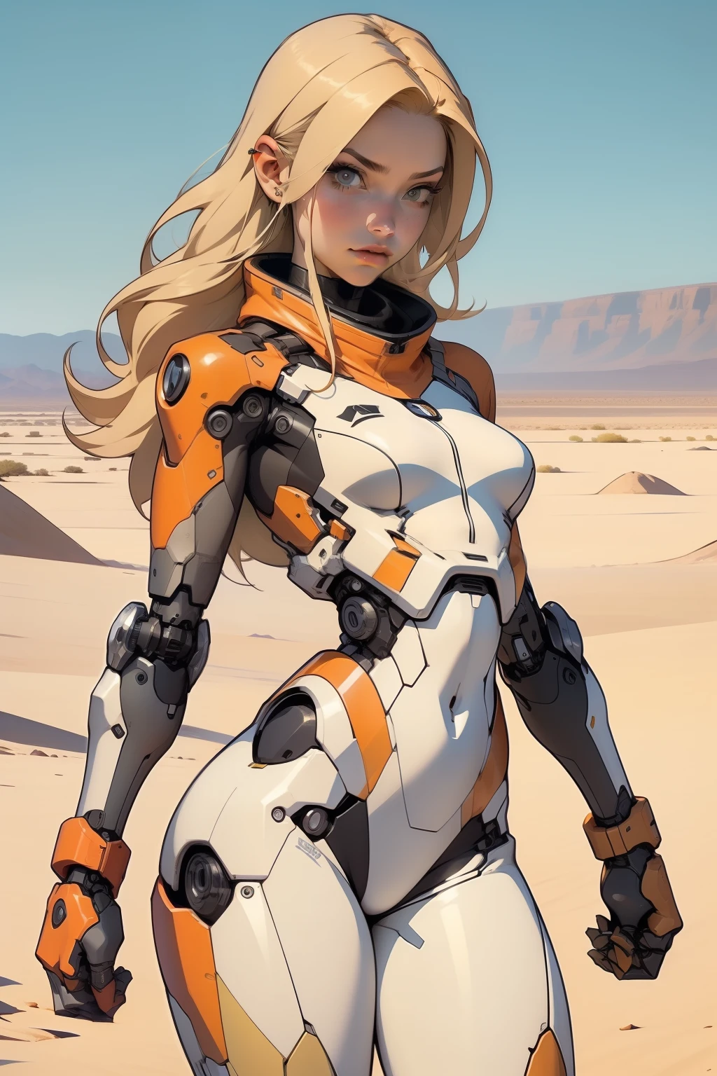 high quality, 4k, masterpiece, beautiful, cyborg girl, cowboy shot, dull eyes, front, looking at viewer, long blonde hair, girl, small breasts, fit thighs, robotic arms, robotic body, cyborg body, white & yellow uniform, orange accent, intricate detail, joint, detailed lines, robotic detail, holding fist up, holding hand up as fist, color robotic parts, robotic parts with color, perfect fingers, on a desert planet, sunny background, colorful desert, a river or a lake in the background, slender thighs, skinny thighs,