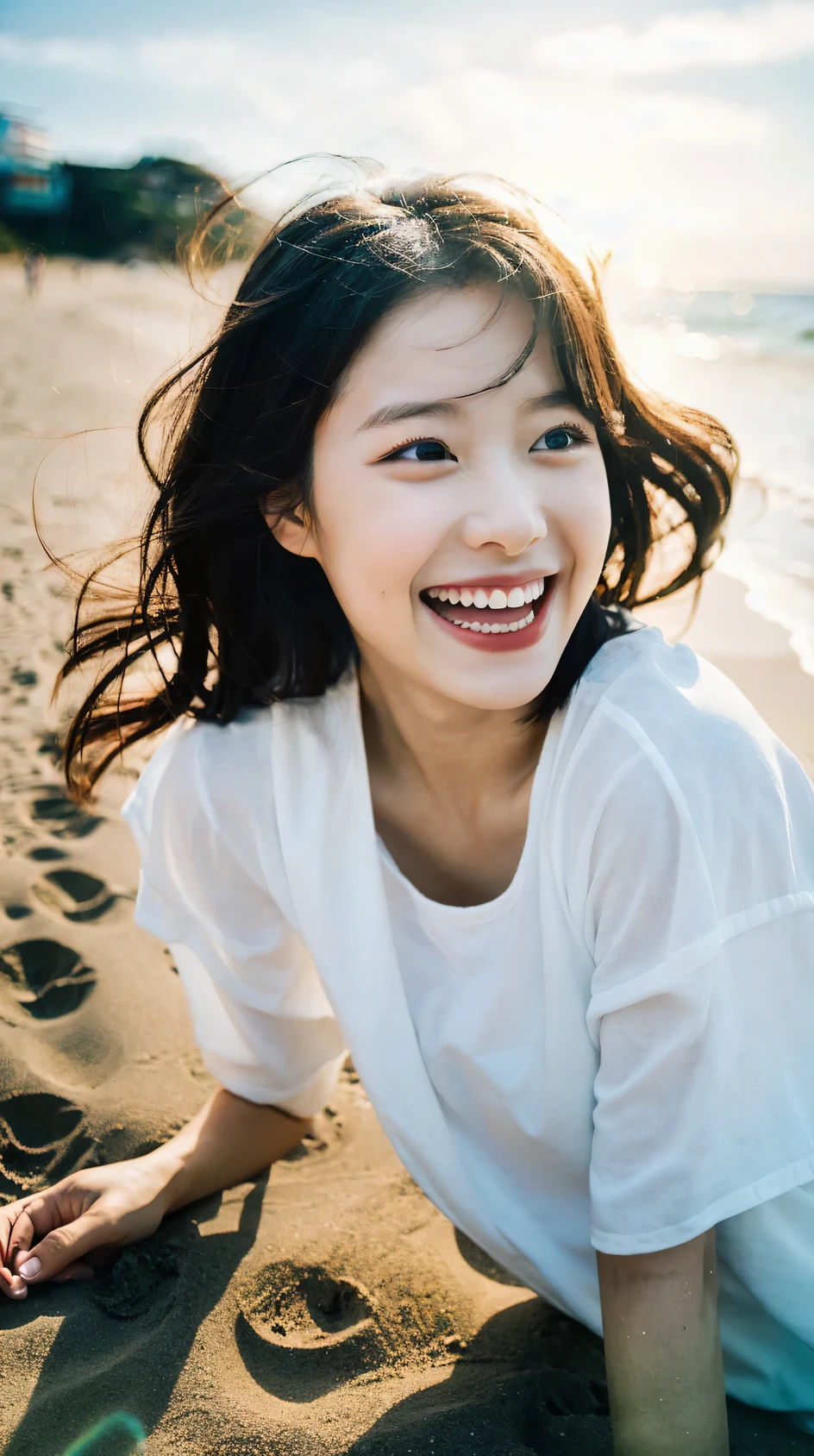 Cinematic Photo of a beautiful girl laughing at a beach