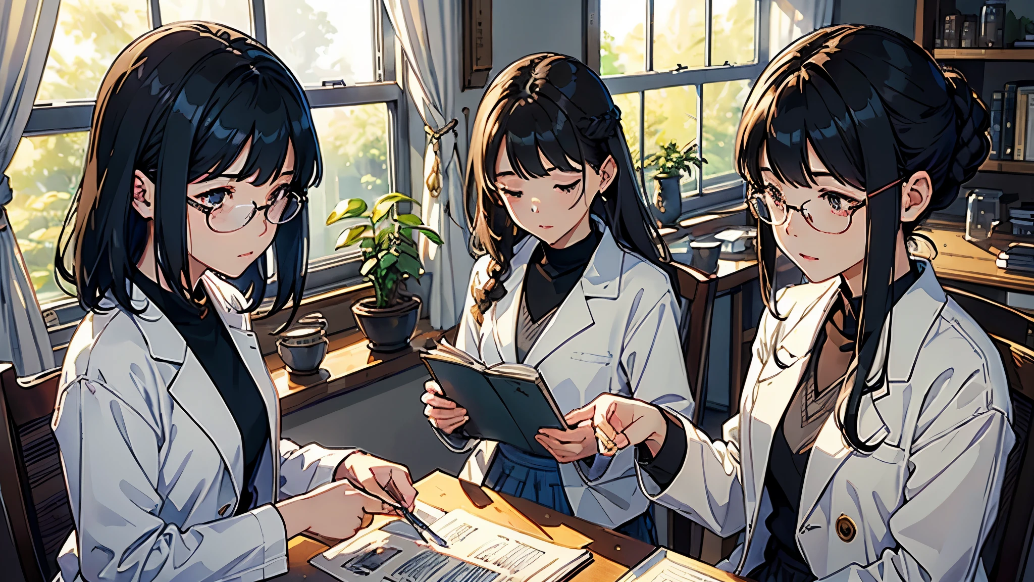 (highest quality、masterpiece、High resolution)、(Sargent-style watercolor)、(anime art)、soft light、((1 woman))、((looking at documents))、17 years old、18-year-old、medium short hair、semi-long、hair up、black hair、dark brown hair、braided hair、glasses、detailed depiction of the face、small breasts、uniform、long skirt、((wearing a white coat))、白いブラウスとlong skirt、Institute of Earth Sciences、鉱物標Book、昆虫標Book、化石標Book、標Book棚、Book、Book棚、microscope、Laboratory instrument、Test tube、beaker、flask、Alcohol lamp、Labware、Floral、vase、window、Foliage plant、 blur the background、