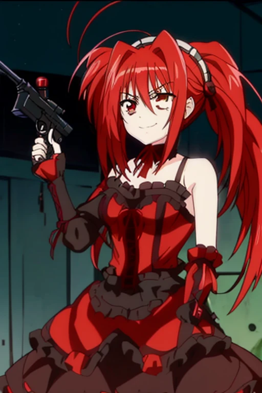 vita,kurumi.low twintails,red ribbon,{Left eye is gold, right eye is red},{He has a rifle in his left hand},{He has a handgun in his right hand},anime,red hair,creepy smile,1girls,solo,{Huge clock in the background},Red and black dress,shoulders exposed,{}Insanity,