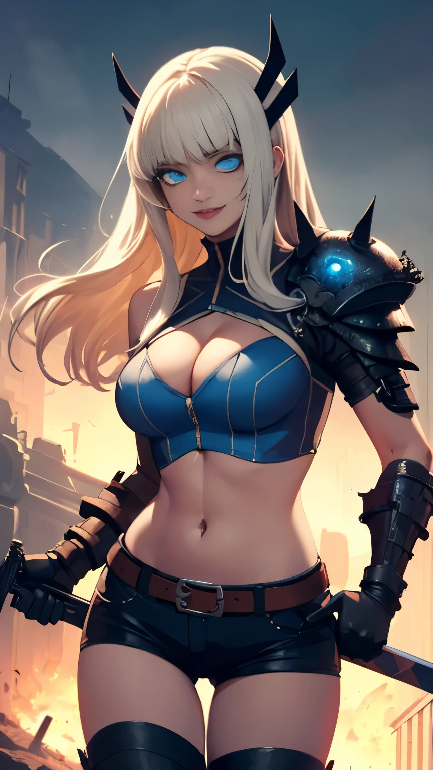 (Highly quality, masterpiece, detailed), undead city detailed scenario, undead city detailed background, 1girl, Magik, midriff, thigh highs, gloves, short shorts, cleavage, soul sword, evil smile, armored left arm, glowing blue eyes, navel, perfect face, beautiful eyes, looking at the viewer, Sexy pose