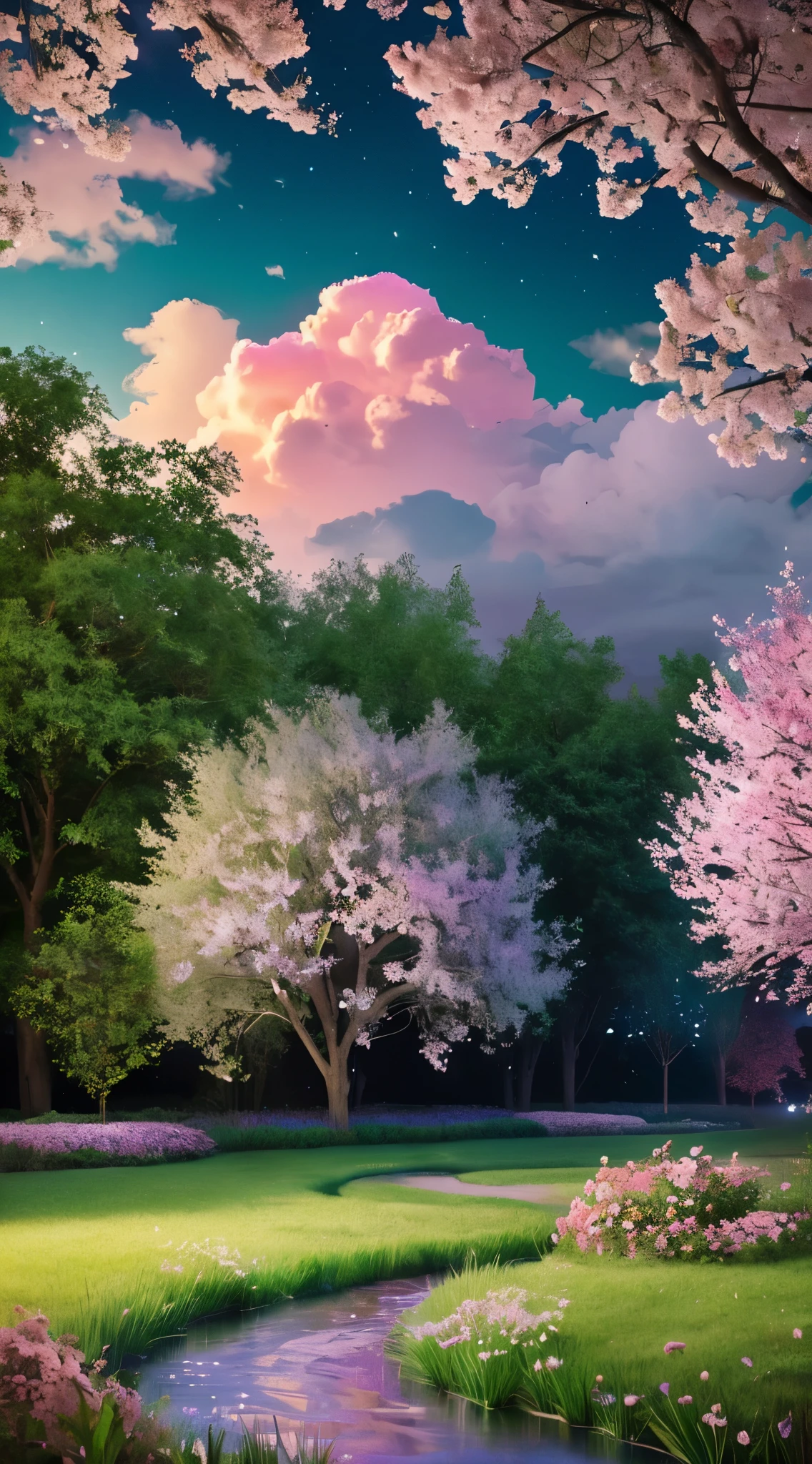 (magical pretty night null green stream overlay scene), (null), (cloud), soft lighting, pretty background, beautiful scenery, masterpiece, high quality, beautiful graphics, high detail, spectacular scenery, garden, flowers, cloud, (night starry null, river behind, huge old tree in the back, Shining pink petals falling behind)
