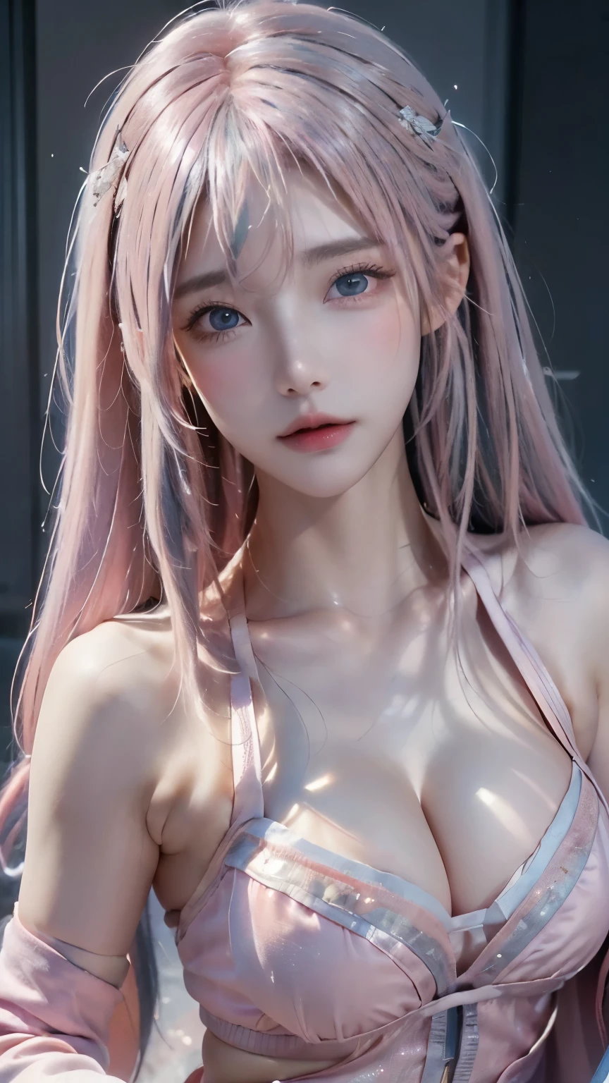 (logo、masterpiece、8k、table top、RAW photo、wonderful、最high quality、Photorealistic and hvery detailed CG integrated 8k wallpaper、high quality、very detailed、Narrative poem、particle effects、dynamic effects、written boundary depth、cinematic light、Lens flare、ray tracing)、fantasy、 (1 beautiful woman、light pink hair、beautiful face、real face、beautiful detailed eyes、beautiful skin、woman dancing gracefully:1.7、woman dancing gracefully:1.7)、Hair flutters in Wind、hair bouncey hair dances in the wind、hair jump、halter neck、leather pants、leather jacket、silver earrings、night、Wind、darkness、snow and hoarfrost、very cold winter day、snow-capped mountainや森、hoarfrost、snow-capped mountain々、The beauty and brilliance of frost-covered trees、Serenity and beauty meadow of ice and snow world、vast land、Lakeside、wonderful scenery、Beautiful natural wind scenery、night sky、Wind、cherry blossoms、cherry blossomsの花びらが舞っている、SakuraFubuki、falling petals