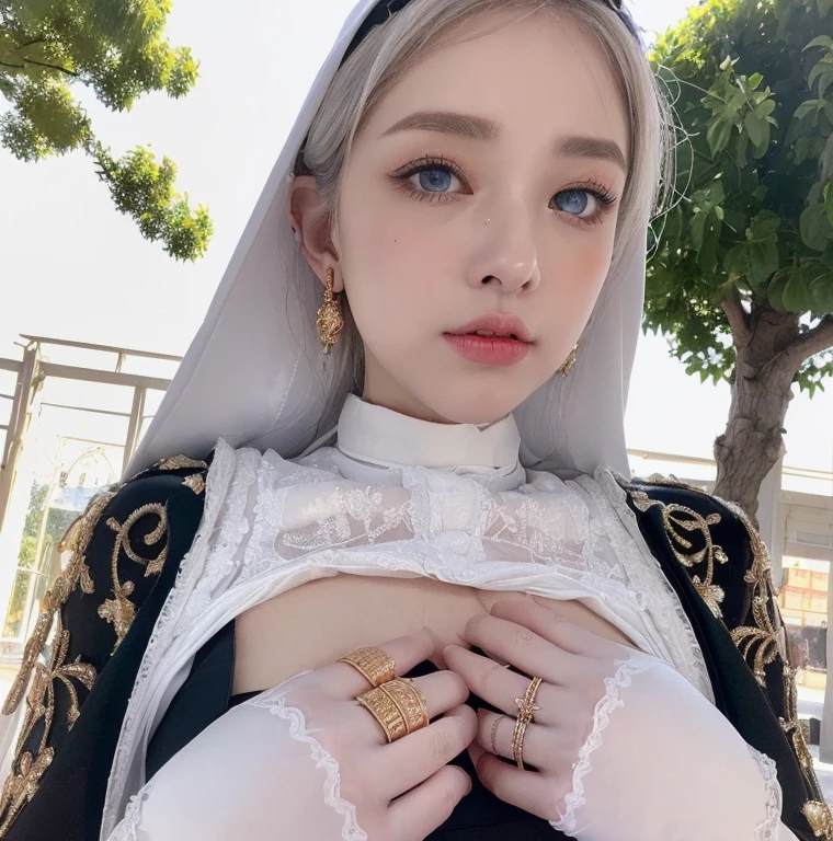 1 miniature Beautiful beautiful woman - Yuan Sayuki, ((top quality, 8K, Masterpiece:1.retty woman, 1 woman, huge breasts:1.3, a slim body:1.1, lush white Long hair, (shower, wet body, wet clothes:1.1), very detailed face, detailed lips, detailed eyes, double eyelids, Detailed blue eyes, чрезвычайно Detailed Outstanding Blue Eyes, short white wet hair, white wet hair, Detailed Outstanding Blue Eyes, innocent look at the viewer, very wet wavy white hair, Detailed Outstanding Blue Eyes, huge cross earrings, Outdoors, badges behind, gothic wedding uniform, sexy gothic style wedding dress with veil, bare chest, huge chest tattoo wearing a wreath, detailed huge earrings, chest tattoo, Outside - there are trees and a buddhist temple in the background, wear a silver cross (Detailed cross shape), reality mode, wet breasts, black necklace, black wedding dress and black veil, human crowd behind, head/forehead chain veil, black latex gloves, naked breasts, naked breasts, naked nipples, hair of white snowy colour, night time, red neon lights, demonic nun, nimbus (golden lighting ring above her head), angel