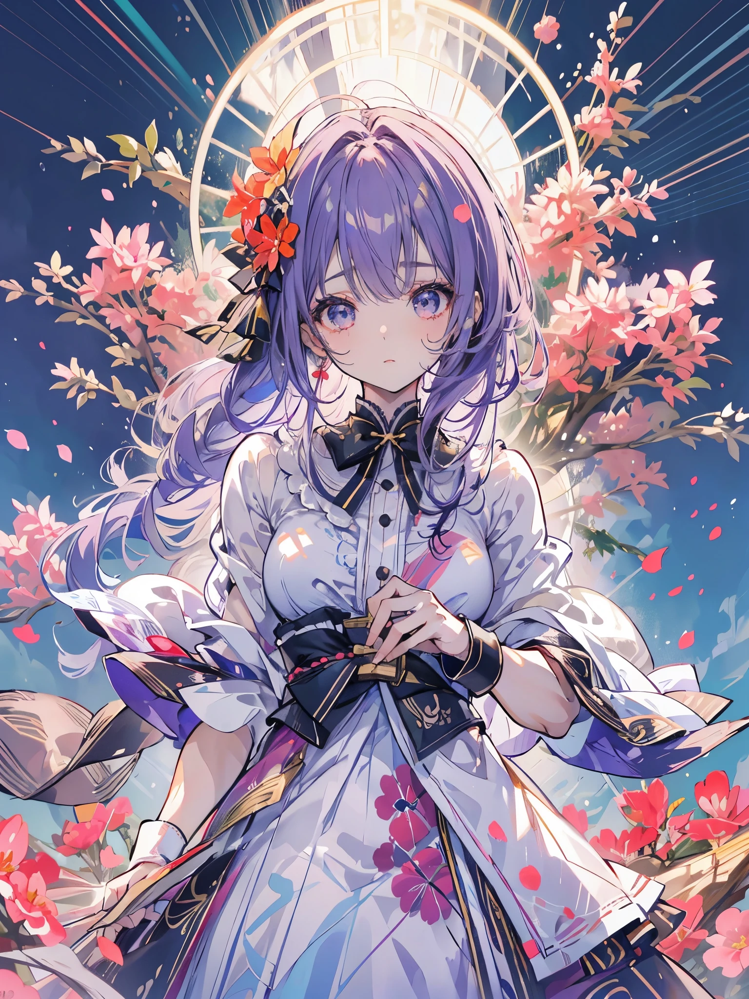 high resolution, obra de arte,Sakura Matou,destino, cabelo roxo, Sozinho, 1 garota,fora,fundo detalhado, olhos detalhados,