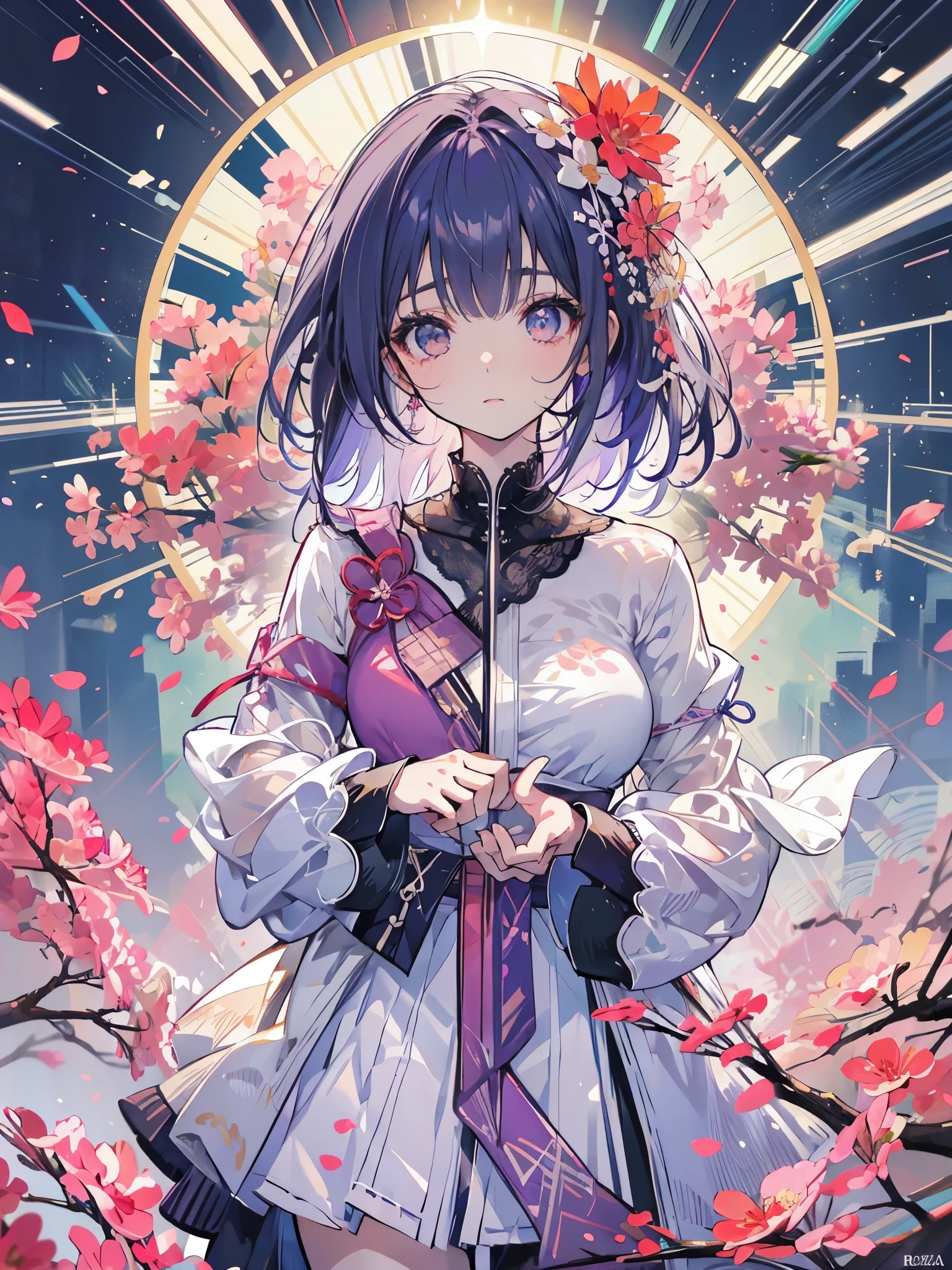 high resolution, obra de arte,Sakura Matou,destino, cabelo roxo, Sozinho, 1 garota,fora,fundo detalhado, olhos detalhados,