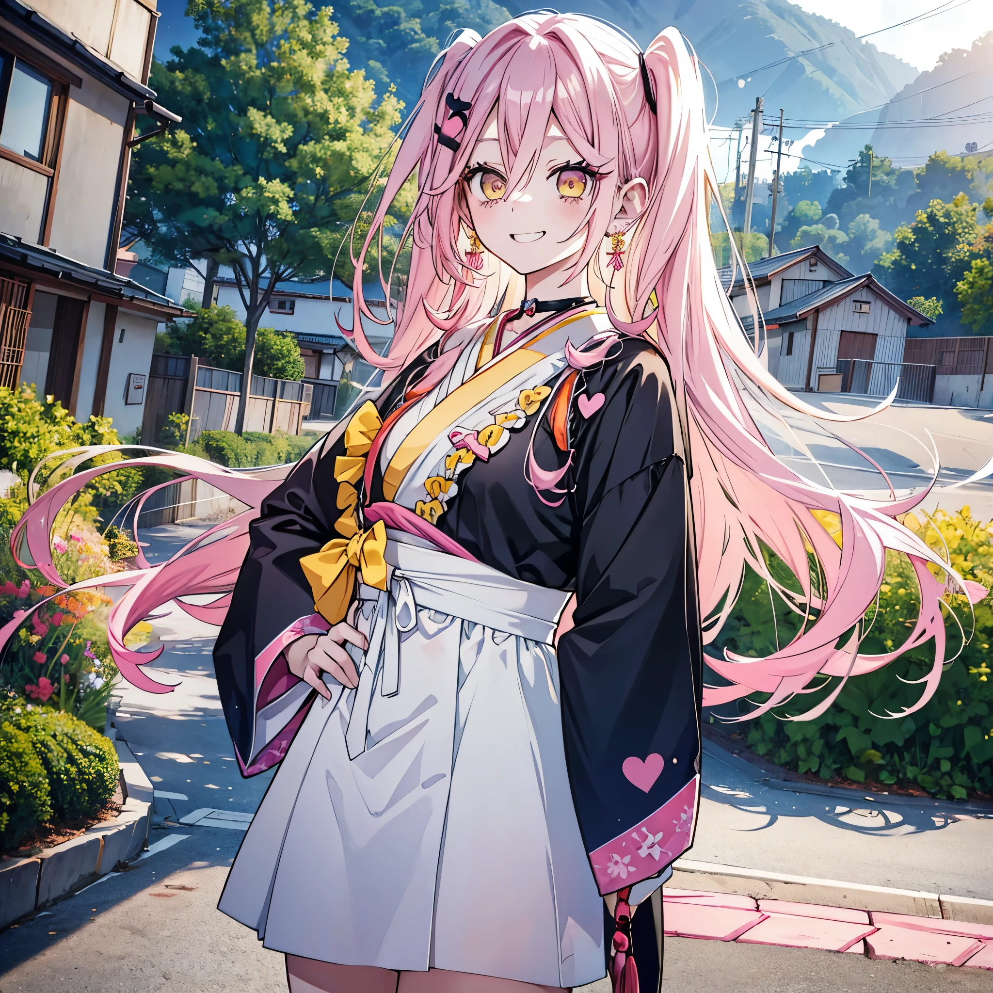 1 girl twintails hair, long hair, pink hair, yellow eyes anime, medium breasts, medium ass, Hairpins, Choker, big smile, happy face, Standin, Japanese , looking at the scenery, a hand on the forehead watching the scenery, wind, mouth open surprised and happy, long heart-shaped earrings, ultra detailed, 8K wallpaper, Houses and road in the background 