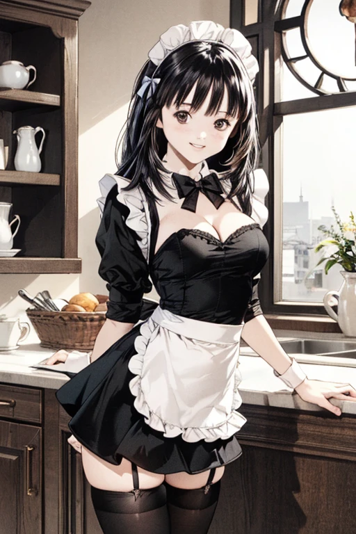 (8K、top-quality、masterpiece:1.2)、(realisitic、ultra-detailliert、超A high resolution、1 girl,beautifull detailed face,((layered hair,long black hair)),((daytime)),a smile、Constriction、(Slim waist) :1.3)、cleavage、Beautiful detailed skin、Skin Texture、Floating hair、Professional Lighting,stately mansion,(Whole human body:1.0),long shot,maid, maid clothes,maid apron, maid headdress,frilled skirt,,((zettai ryouiki)),((Giving bow))