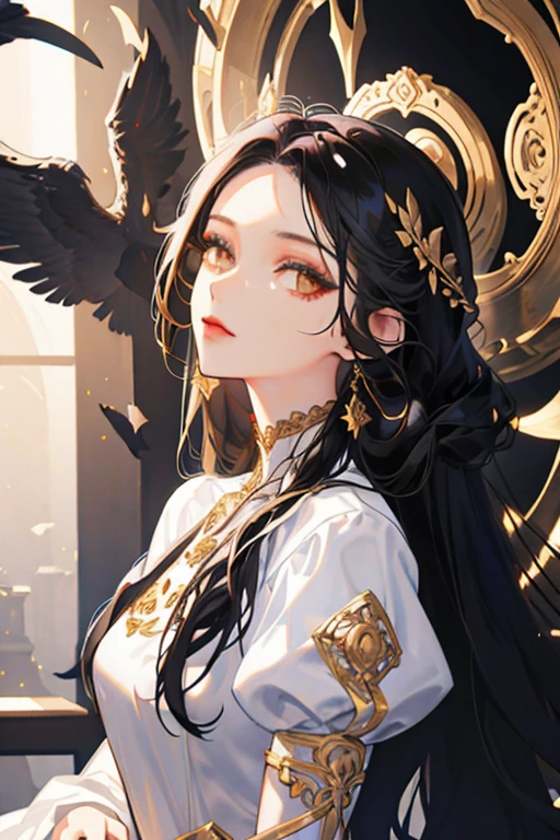 (masterpiece:1.2),1woman,black long hair,brown eyes,(gorgeous:1.4),white dress,fantasy,elegant,royal,dreamy lighting,extremely detailed face,strong woman,suit