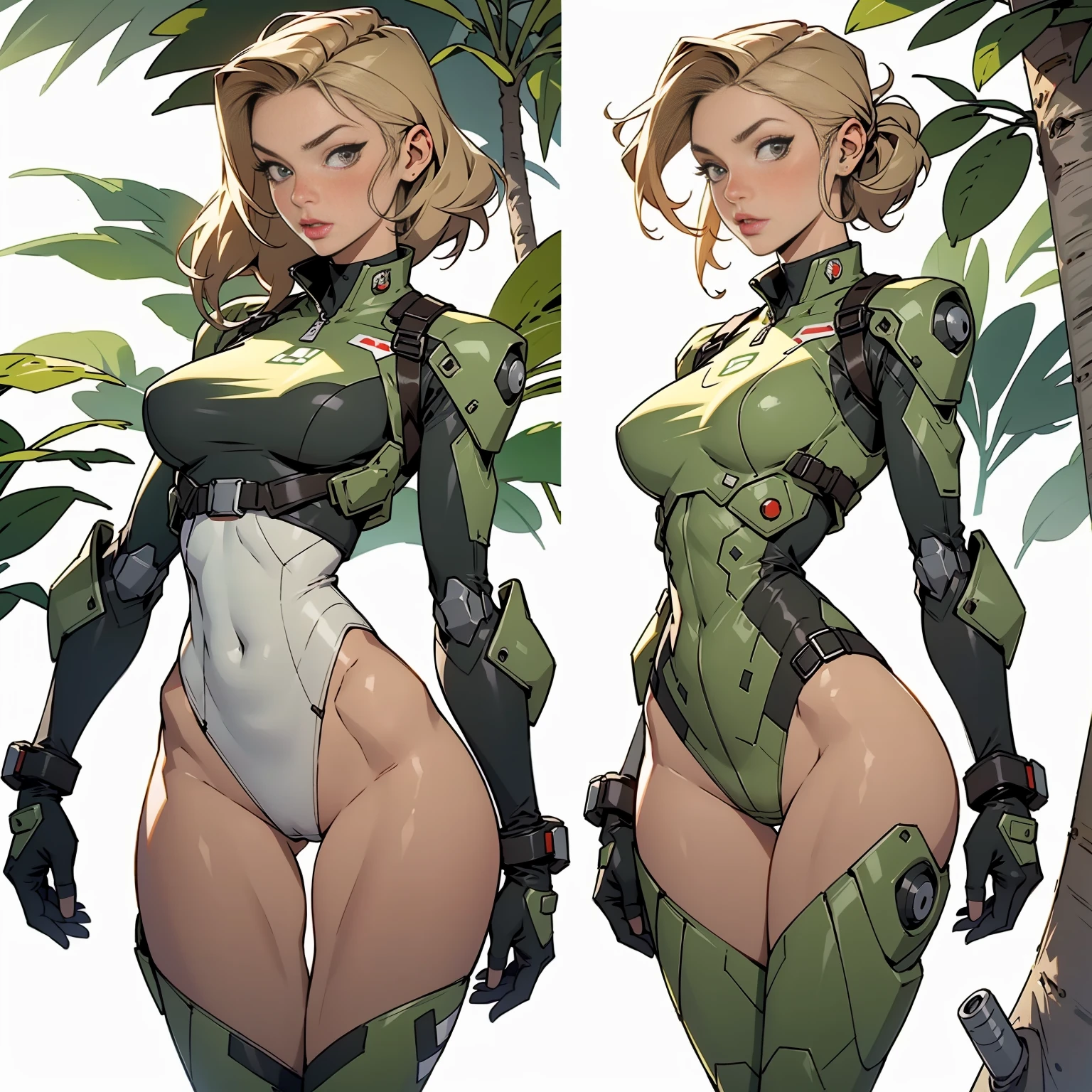 1woman 20 years old, sculpted, military, wearing a soldier helmet, beautiful, perfect body, realistic, blonde hair, perfect body, thin waist, full outfit, wide hips, large breasts, slim thighs, jungle background, armored vehicle, flying fighters, military robot dog, camouflaged uniform, wealth of details, tight panties marking on the front, head to toe, highly detailed, high resolution, prefect hands, thigh gap