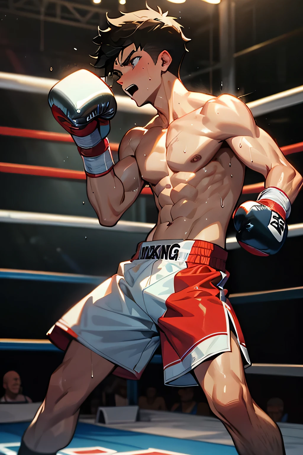 shirtless, super muscular, sweat-drenched body, 22-year old short black hair handsome caucasian male wearing boxing gloves, sweat-drenched white boxing shorts and boxing shoes, panting, getting knocked out in the ring, very exhausted, drenched with sweat, in the boxing ring