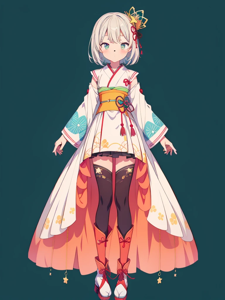 1girl、vtuber-fullbody、Star Fairy、masterpiece、official art、Super detailed、super beautiful、かわいいStar Fairy、white straight short hair、Milky Way、universe、star charm、Star、baby face、Knee-high boots、Japanese pattern dress、A beautiful girl wearing black and white clothes that are a remake of a yukata.、黒と紺色のuniverseを思わせるOiranフリルドレス、Oiran、simple background、green background、no body,