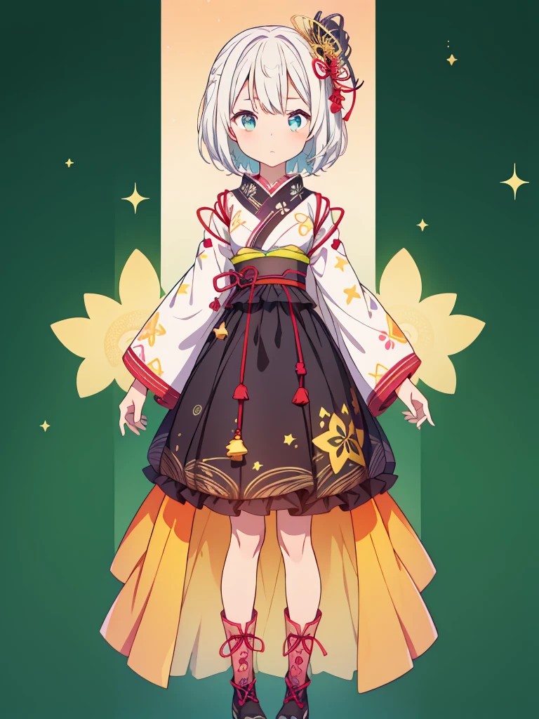1girl、vtuber-fullbody、Star Fairy、masterpiece、official art、Super detailed、super beautiful、かわいいStar Fairy、white straight short hair、Milky Way、universe、star charm、Star、baby face、Knee-high boots、Japanese pattern dress、A beautiful girl wearing black and white clothes that are a remake of a yukata.、黒と紺色のuniverseを思わせるOiranフリルドレス、Oiran、simple background、green background、no body,