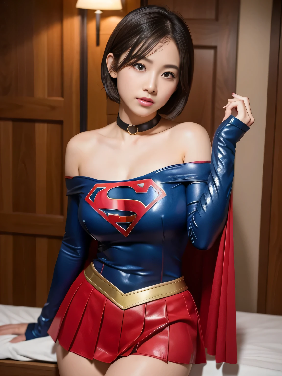 masterpiece、supergirl costume、short hair、barefoot、big and full breasts、Research room、operating table、oil massage、Oily Skin、shiny、look at the camera、Sexy poses to seduce、model body shape、choker、long sleeve、red mini skirt、Cowgirl、Estrus、sweaty、Radical、off shoulder、Glamorous、charm、charming、Fascinating、abused、