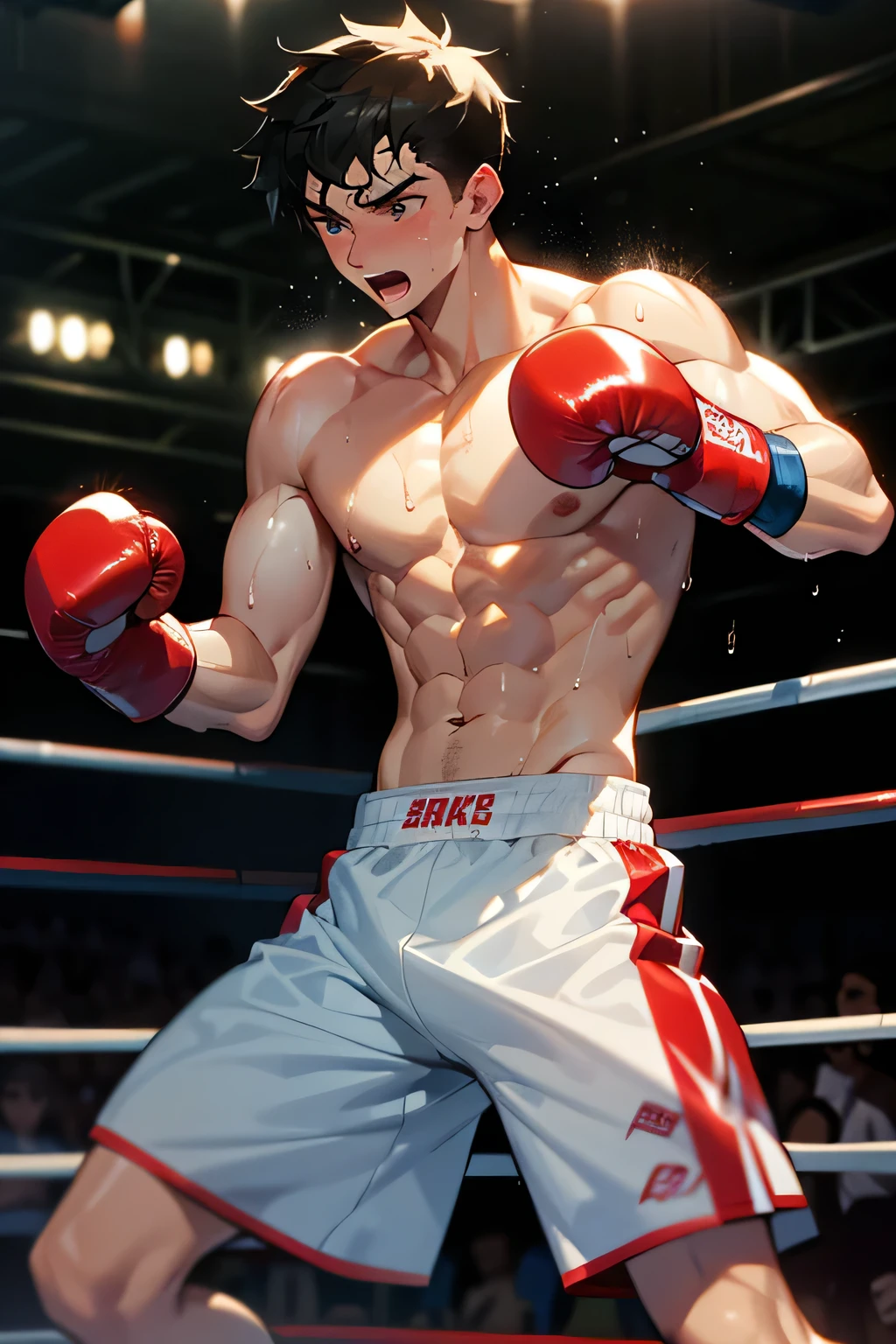 shirtless, super muscular, sweat-drenched body, 22-year old short black hair handsome caucasian male wearing boxing gloves, sweat-drenched white boxing shorts and boxing shoes, panting, getting knocked out in the ring, very exhausted, drenched with sweat, in the boxing ring