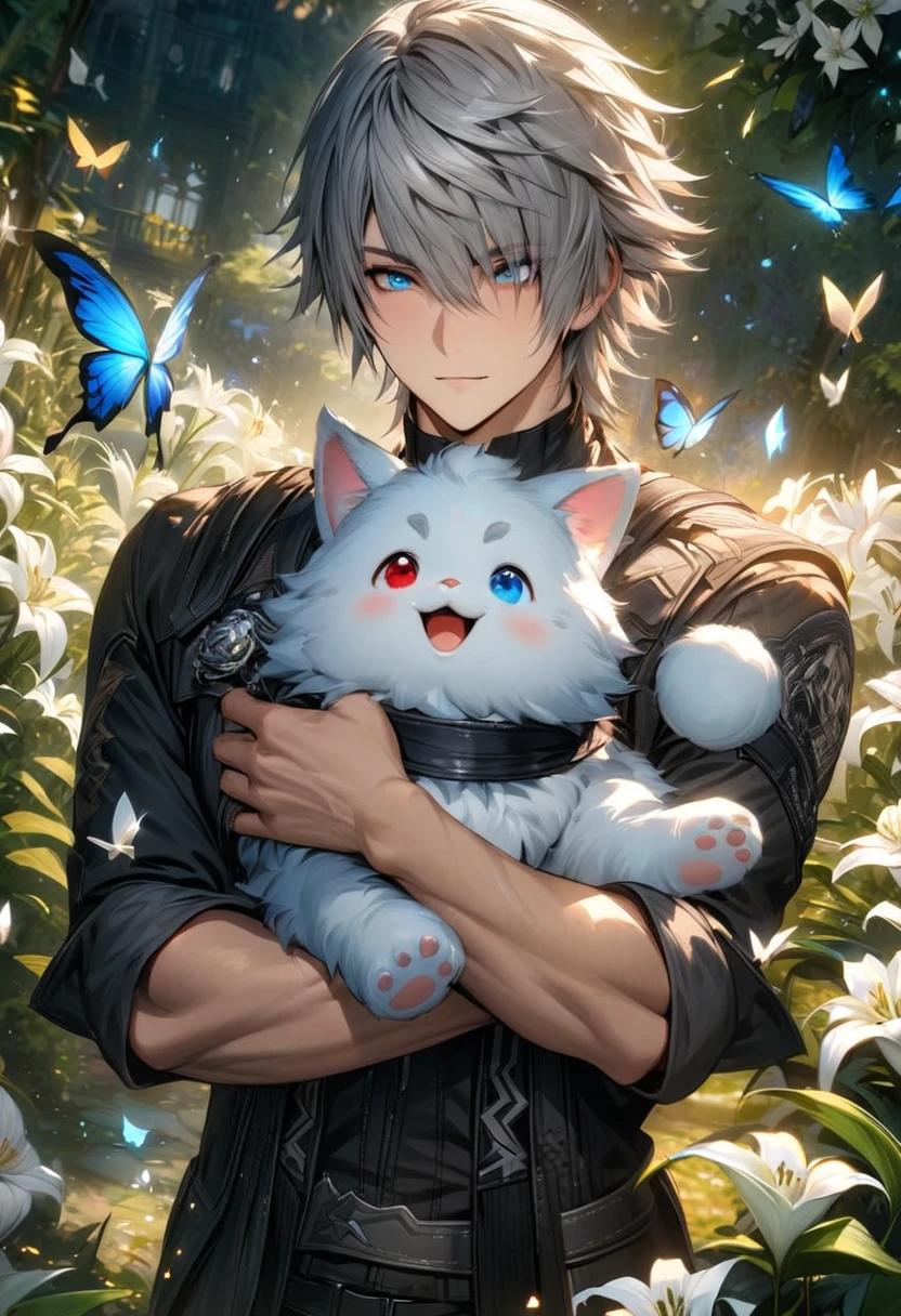 absurdres, highres, ultra detailed, HDR, masterpiece, Riku, spiky grey hair, heterochromia, left eye red, right eye blue, Final Fantasy xv, 1man, handsome, garden, white lilies, petals, butterflies, holding a cute fluffy moogle