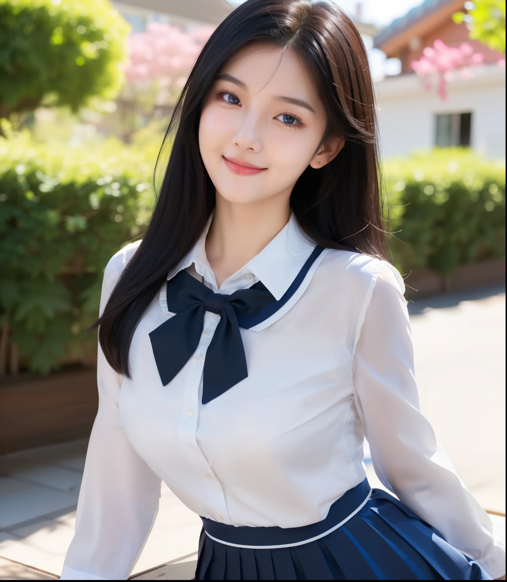 Medium, soft and cute breasts ((most beautiful Korean woman in the world)), ((black hair, beautiful straight hair)), blue eyes, perfect eyes, double eyelids, light effect on eyes ((sexy face)), ( (sexy look)), pleated skirt, blouse with sleeves, stylish, medium and round breasts, she is charming, beautiful makeup for the day, cleavage, (((art, best quality; 1.3)), ultra detailed, wallpapers Unity wallpaper 8k, CG, ray tracing, illustration, colorful, cinematic shadow, extremely detailed and beautiful background, video, VRay shading, TR)), art, hyperrealistic, hyperdetailed, best quality, 16k, light and shadow effect on skin, bright colors)), eyeliner, passionate expression, cute and detailed smile, in front of the house (((school uniform)))