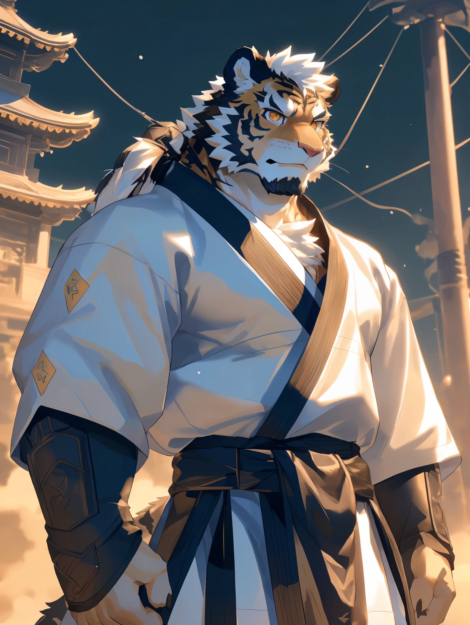 (white skintiger),(上Half body赤膊:1.7),(martial arts衣服:1.4),(Holding a long sword),(Awesome posture),Standing calmly,(The background is a city with an ancient atmosphere，There are busy vendors in the city:1.5),(abdominal muscles),heroic posture飒爽,完美的masterpiece,Various facial details,Close-up view,specific description,masterpiece,(cg),(golden eyes),Black and white pattern,Black and white tail,general,heroic posture,tiger,Black and white fur，Concrete facial details,Half body,(黑白阴阳general战履),(Chang Ling),((middle aged)),(face focus),(16k),(HD),black and white belly，temple，beard,(Face lines),(Different pupils,),(black and white hair),(Strong:1.2),(muscle:1.3),(high resolution:1.3),(Close up),(Detailed face:1.5)，Perfect details,(Half body),(Detailed depiction of the face:1.5),(Zoom in on the face:1.5),(白色Face lines:1.2),(黑色beard:1.3),(white face:1.6),(white body),(white skin,black strips:1.3),(White cheeks:1.5),(The skin color of the face is white:1.3),cg,(The smell of quacks:1.3),(martial arts:1.5),(knight:1.5),(Realistic)