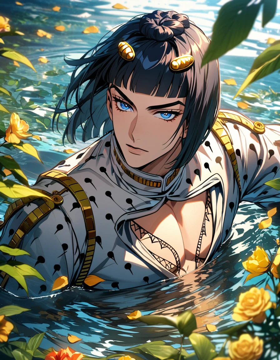 Ultra detailed, highres, absurdres, HDR, Bruno Bucciarati, black chin-length hair with straight-cut bangs on his forehead, his hair is adorned with golden clip surmounted on each side of his bangs, blue eyes, JoJo bizarre adventure, green leaves, flowers and petals, water, 1 man only, handsome,
