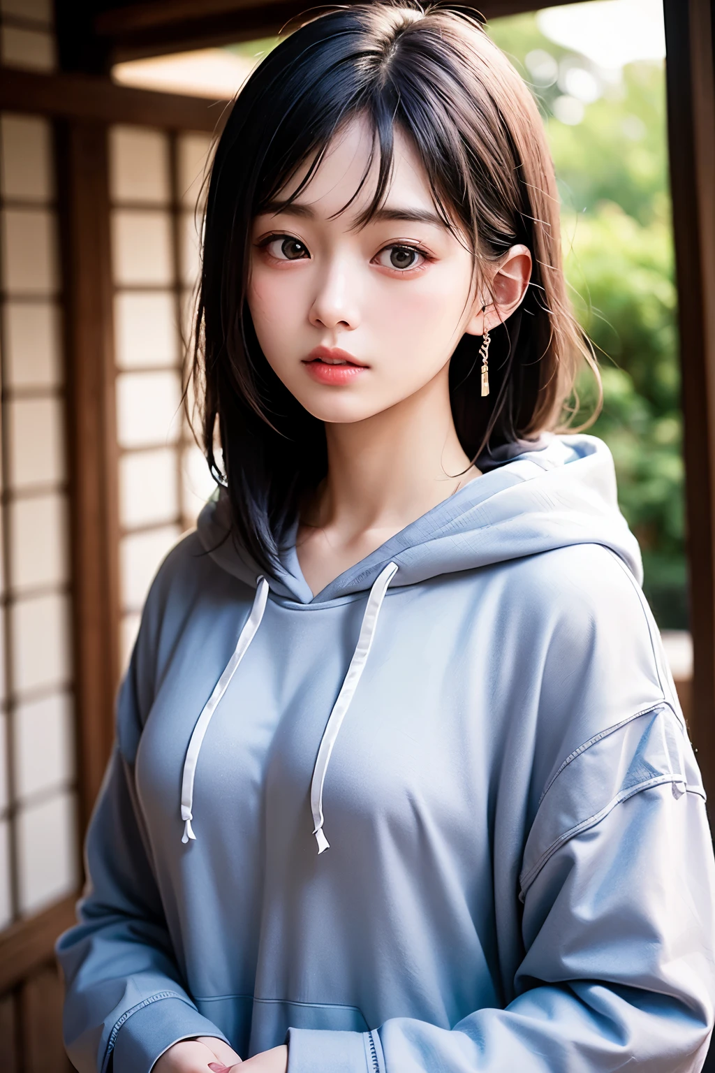 (1 nogizaka girl,raw photo,photo realistic:1.5),(best quality, high quality,HDR, highest quality,ultra high resolution,high resolution,high res,ultra high difinition,huge file size,8K,2K wallpaper,8K wallpaper,high quality texture,amazing,an extremely delicate:1.4),one girl, Japanese famous idol,beautiful face,small face,absurd,ridiculous,incredibly ridiculous,portrait,breasts close up,blurry background,(hoodie,no makeup:1.2),medium skin,beautiful skin,detailed skin,small head,black hair,silky hair,(Japanese eyes:1.3),detailed eyes,black eyes,Japanese idol eyes,Japanese nose,5-fingers,(eyebrow:-0.5),(Light Particles, Lens Flare, Luminous Particles: 0.7),looking at viewer,bright lighting,professional lighting,girl
