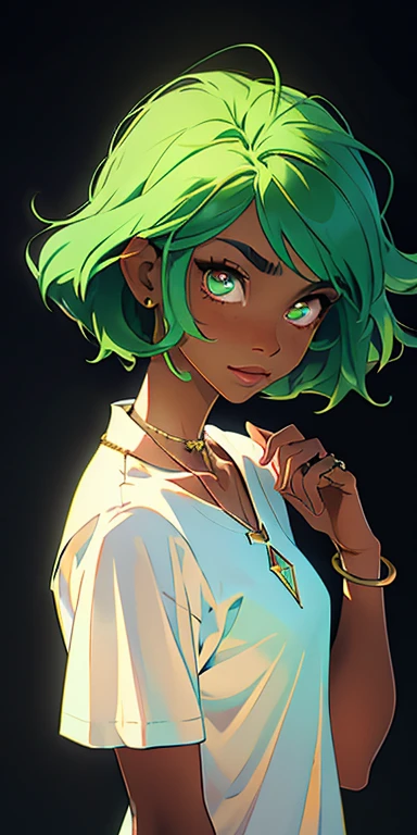(masterpiece, best quality), 1girl, collarbone, rings, straight hair, looking at viewer, upper body, necklace, shirt, gang at back, dark skin, green hair, sunlight