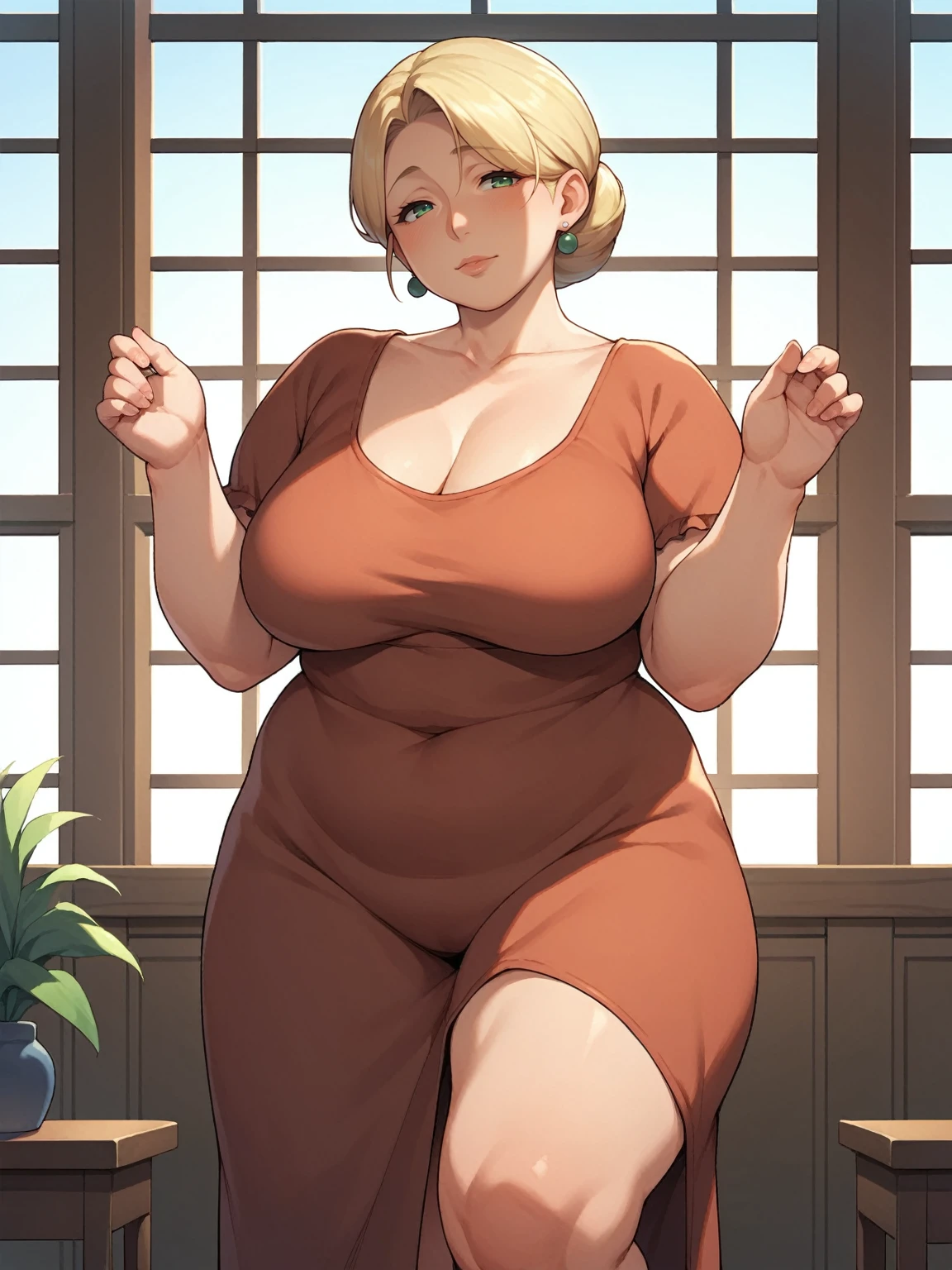 Score_9, score_8_up, score_7_up, source_anime, 1girl, solo, bbw, indoors, pale, mature female, milf, pussy, dress, wearing dress, green eyes, blonde hair 