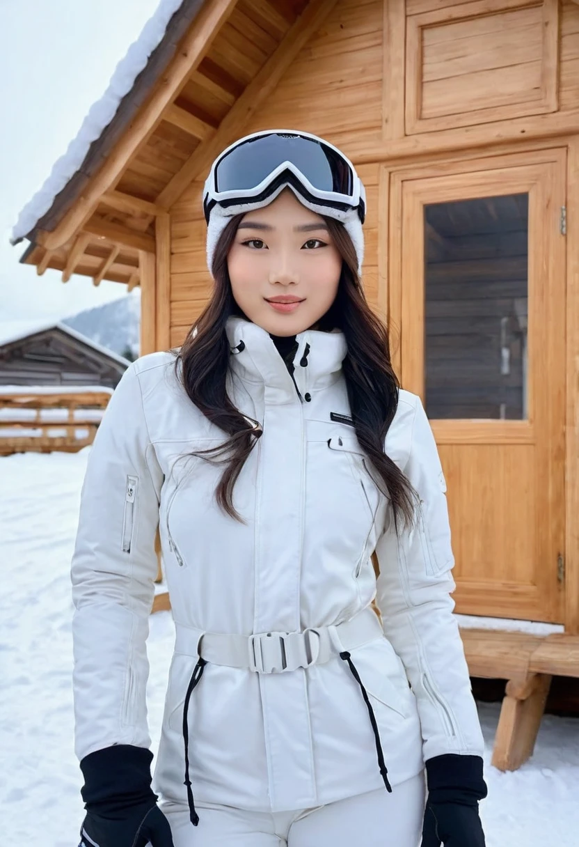 (high quality:1.5), (((8k))), (Masterpiece), extremely detailed, (High detail:1.2), Solo, (HotLexi Woman)), 24 year old Asian female, ((perfect anatomy)), (In a snowy field and a wooden hut behind), (Skiing cold clothing and snow goggles),