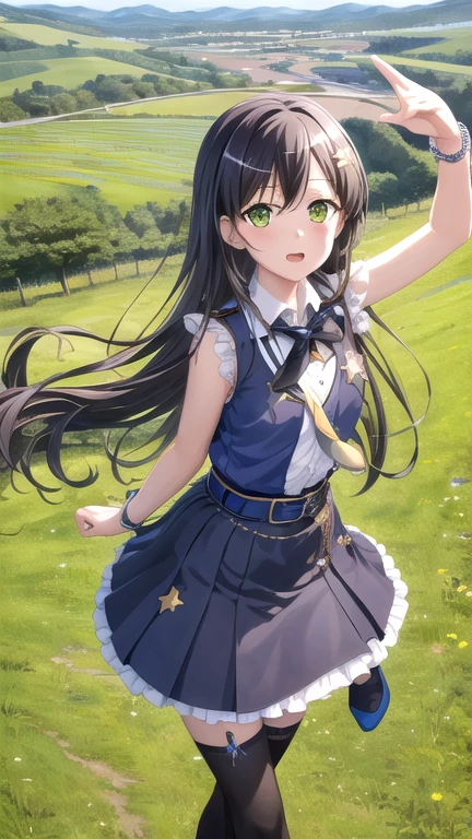 ((masterpiece)), (best quality), official art, extremely detailed CG, unity 8k wallpaper, ultra detailed, highly detailed, detailed background, vivid color,
1girl, tae,black hair,long hair,green eyes, 
skirt, shirt, thighhighs, bow, white shirt, pleated skirt, frills, necktie, sleeveless, collared shirt, belt, miniskirt, star symbol, bracelet, blue skirt, zettai ryouiki, sleeveless shirt, blue bow, blue footwear,  
Leaping with one hand reaching up, vineyard, sprawling countryside, terraced slopes, winery, 
 