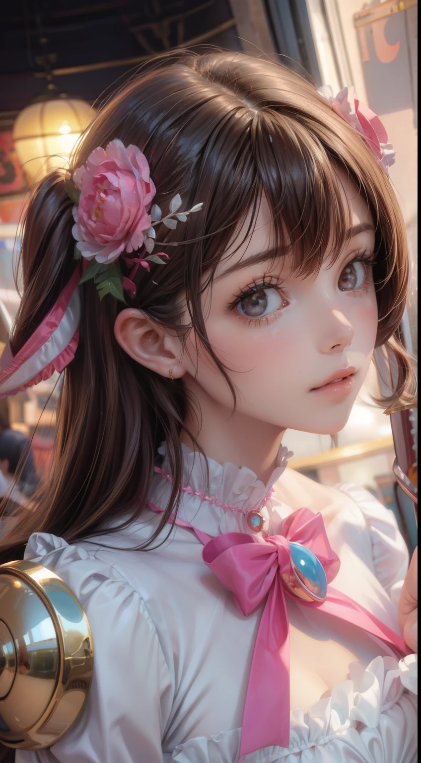 realistic, lip gloss, realistic, highest quality, ultra high resolution, depth, pastel colour, natural shadow, focus on face, Just a face, looking at the viewer, long hair, brunette hair, fine eyes, (masterpiece, highest quality), 1 girl, alone, from before,
(shut up), smile, parted lips,
shiny skin, looking at the audience, anatomically correct 、Two-dimensional beautiful girl、facing forward、Wat, lots of candy, gumdrop, candycanes, rainbow, candy, (a field of candy), 1 girl, queen of sugar, pink dress, a Sceptor of candy