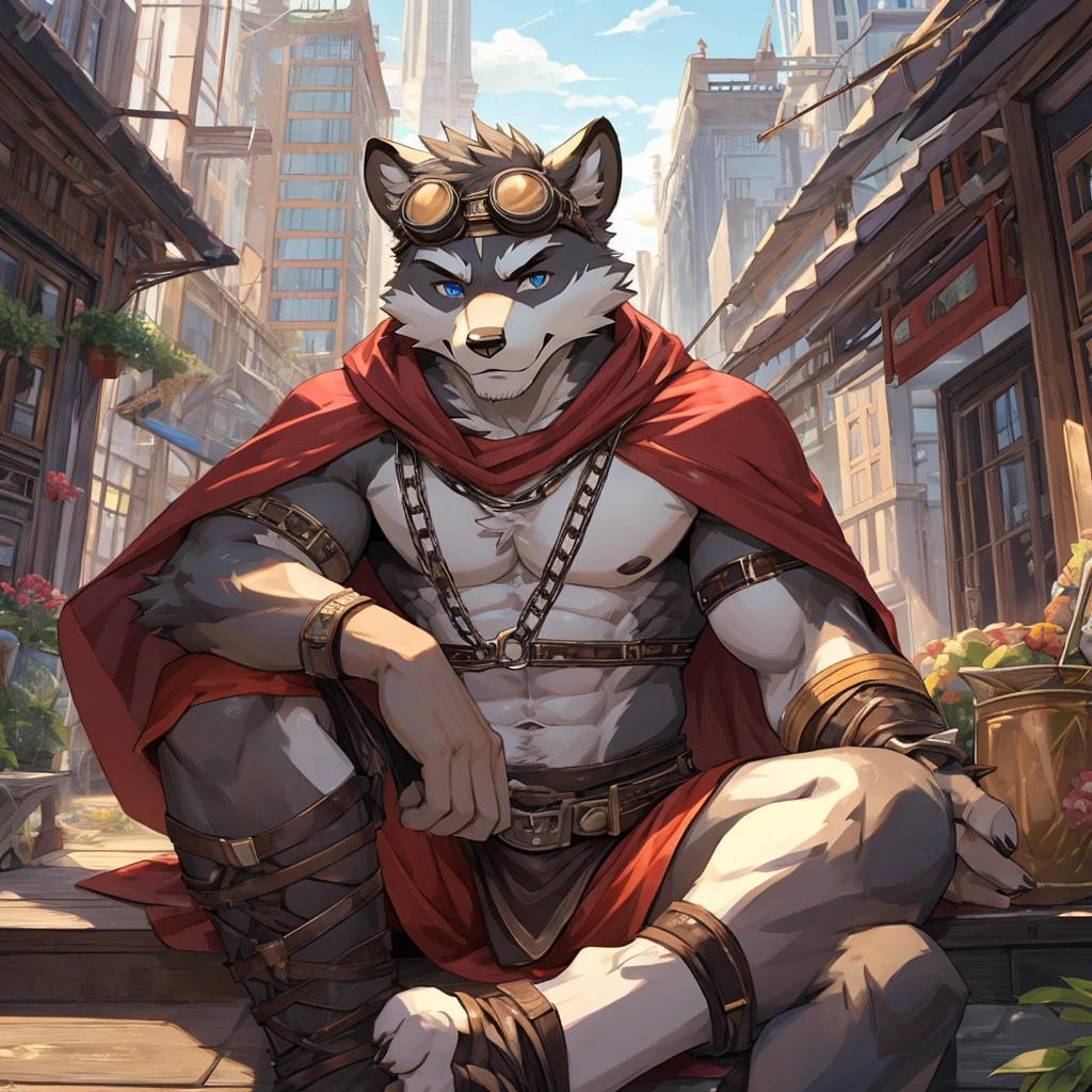 Furry twink, teenager, raccoon, grey hair, spiked brown hair only on head, Detailed body fur, red scarf, blue eyes, goggles, chain harness, Black loincloth, red cape, masterpiece, sitting down, gray body hair, Detailed face, big eyebrows, detailed eyes, Detailed body, No muscles, city skyline, Detailed hands, Flat body, Skinny, Detailed paws, high resolution