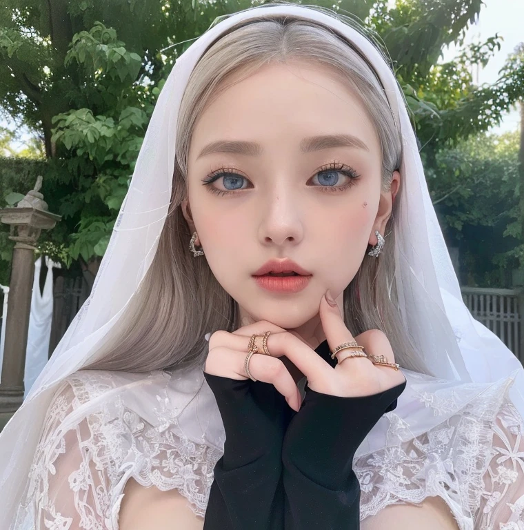 1 miniature Beautiful beautiful woman - Yuan Sayuki, ((top quality, 8K, Masterpiece:1.retty woman, 1 woman, huge breasts:1.3, a slim body:1.1, lush white Long hair, (shower, wet body, wet clothes:1.1), very detailed face, detailed lips, detailed eyes, double eyelids, Detailed blue eyes, чрезвычайно Detailed Outstanding Blue Eyes, short white wet hair, white wet hair, Detailed Outstanding Blue Eyes, innocent look at the viewer, very wet wavy white hair, Detailed Outstanding Blue Eyes, huge cross earrings, Outdoors, badges behind, gothic wedding uniform, sexy gothic style wedding dress with veil, bare chest, huge chest tattoo wearing a wreath, detailed huge earrings, chest tattoo, Outside - there are trees and a buddhist temple in the background, wear a silver cross (Detailed cross shape), reality mode, wet breasts, black necklace, black wedding dress and black veil, human crowd behind, head/forehead chain veil, black latex gloves, naked breasts, naked breasts, naked nipples, hair of white snowy colour, night time, red neon lights, demonic nun, nimbus (golden lighting ring above her head)