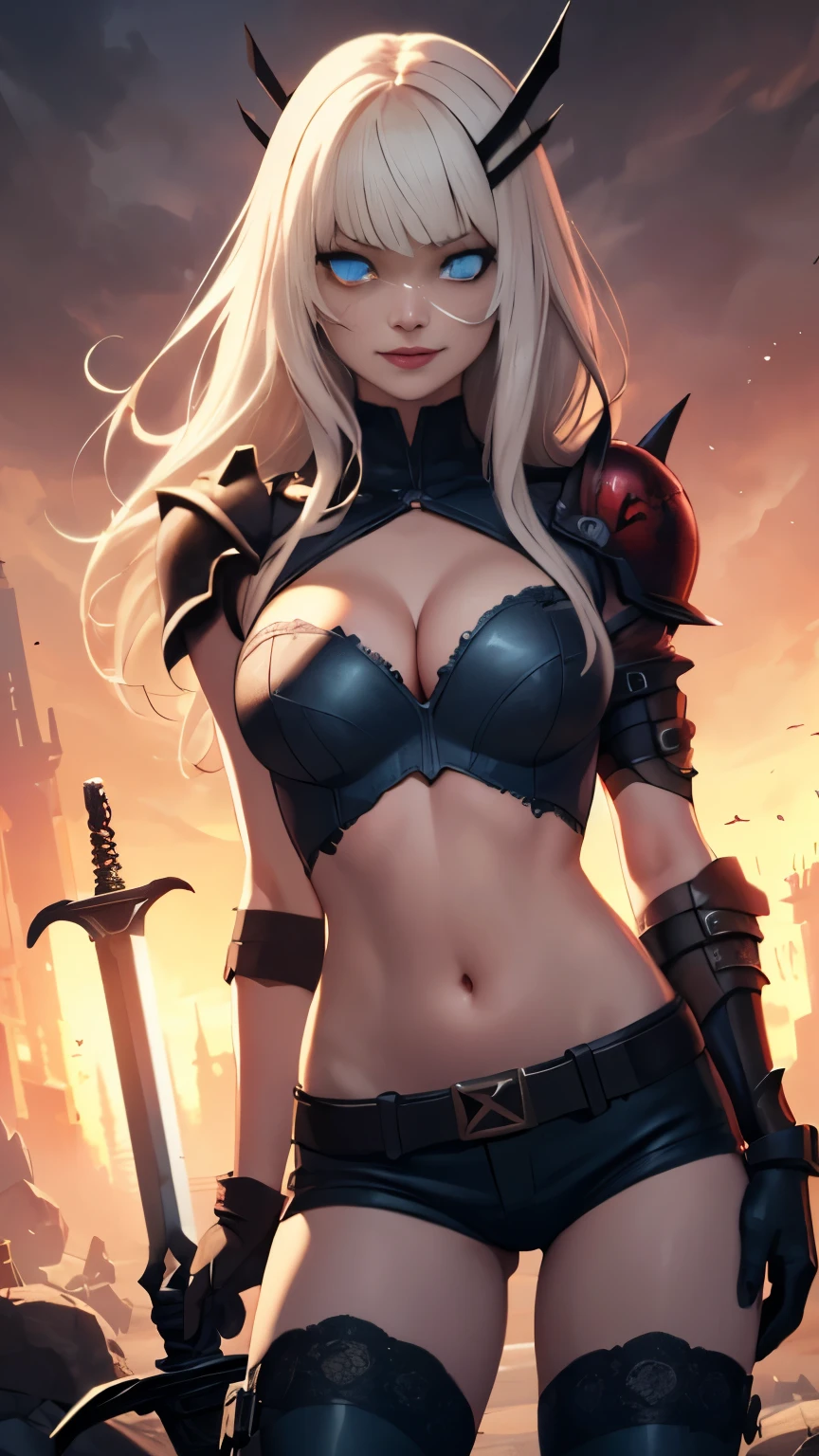 (Highly quality, masterpiece, detailed), undead city detailed scenario, undead city detailed background, 1girl, Magik, midriff, thigh highs, gloves, short shorts, cleavage, soul sword, evil smile, armored left arm, glowing blue eyes, navel, perfect face, beautiful eyes, looking at the viewer, Sexy pose